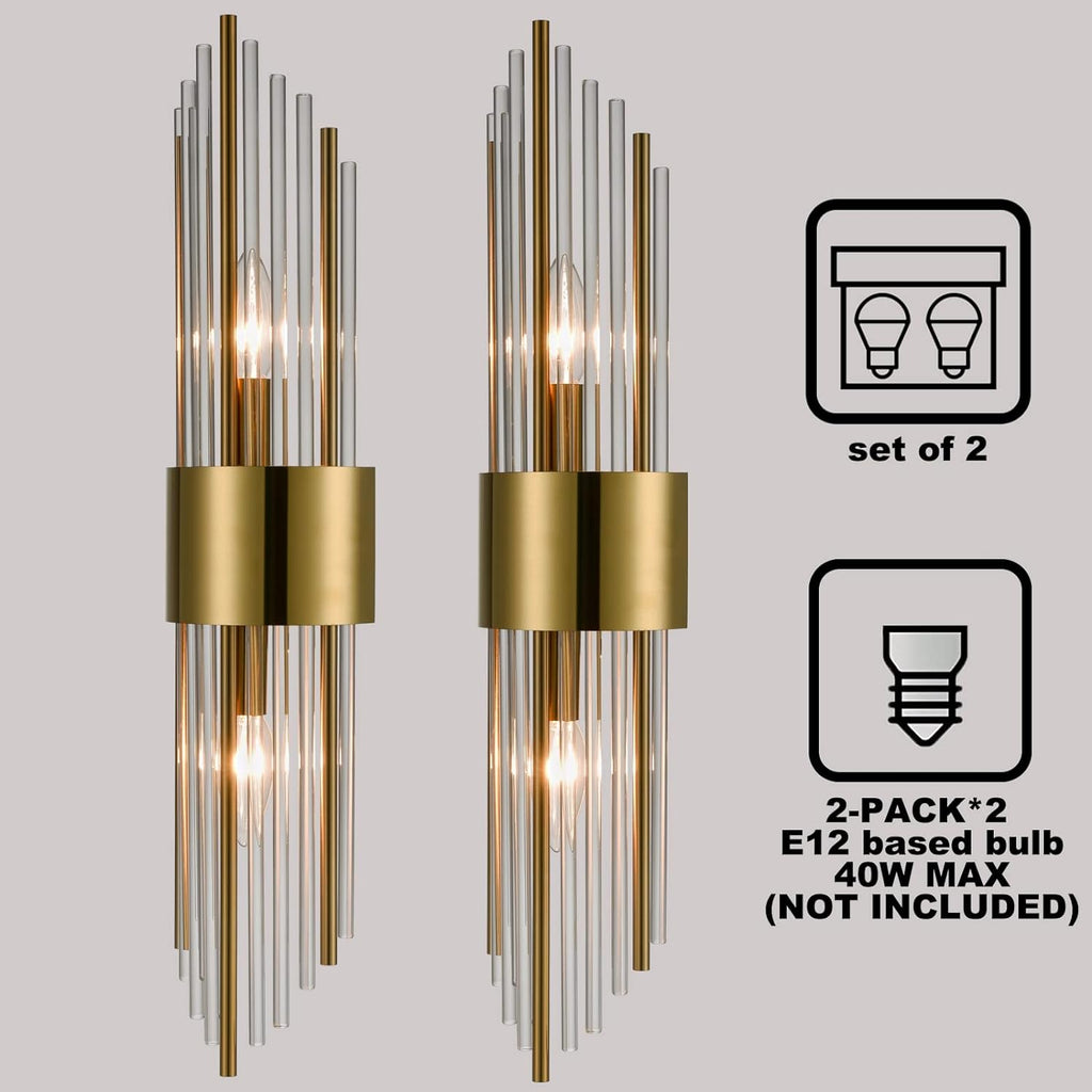 2-Light Modern Brushed Titanium Gold Wall Sconce with Clear Glass Crystal Luxury Wall Light Fixtures for Bedroom Living Room Bathroom Vanity Mirror Light Fixtures Set of 2 - Grand Goldman