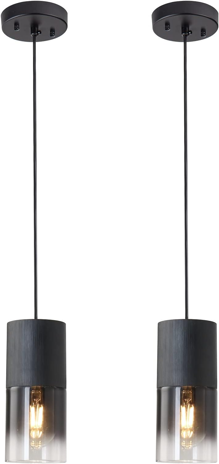 2-Pack Black Pendant Light Fixtures, Adjustable Modern Pendant Lights for Kitchen Island, Industrial Glass Pendant Lights for Dining Table Hallway Bedroom Living Room - Grand Goldman
