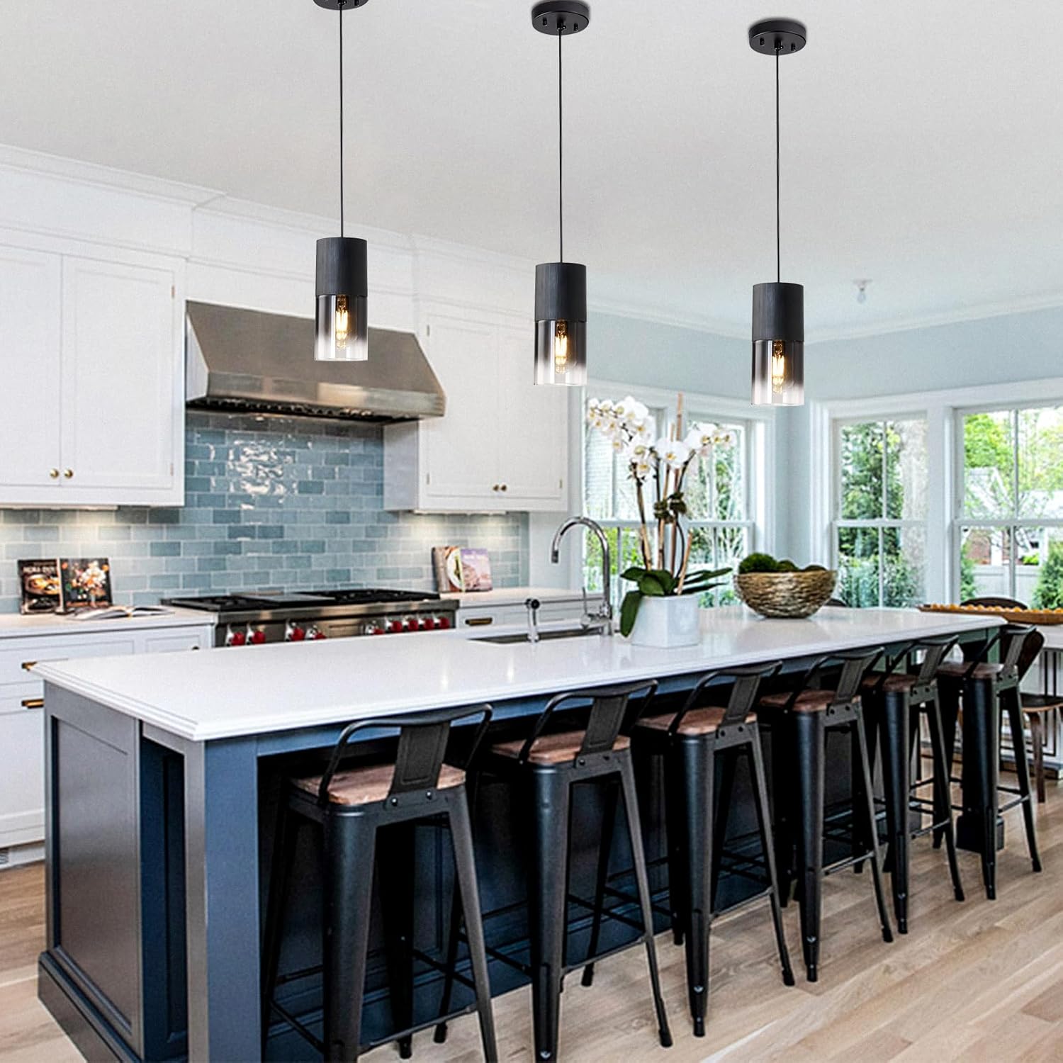 2-Pack Black Pendant Light Fixtures, Adjustable Modern Pendant Lights for Kitchen Island, Industrial Glass Pendant Lights for Dining Table Hallway Bedroom Living Room - Grand Goldman