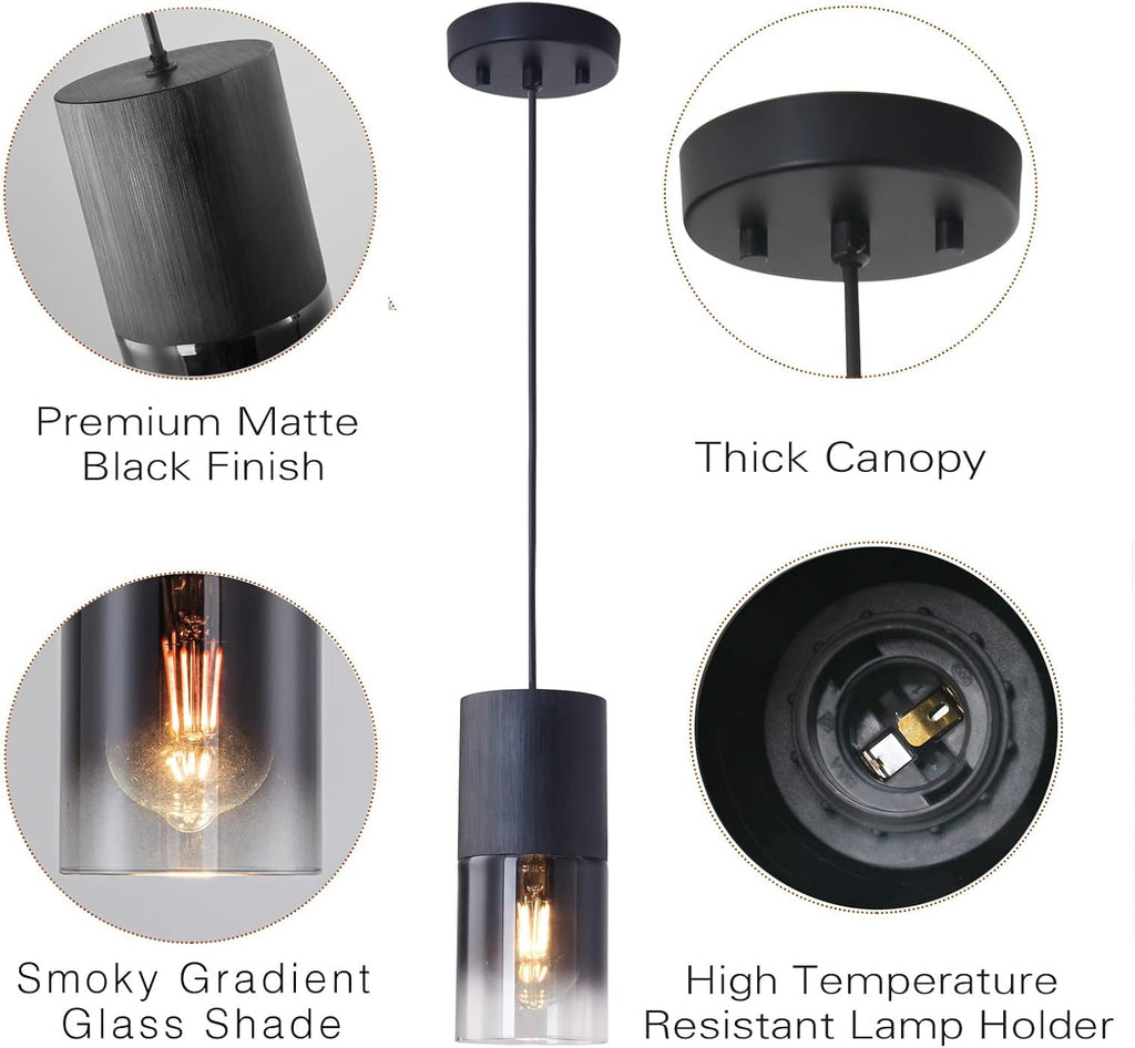2-Pack Black Pendant Light Fixtures, Adjustable Modern Pendant Lights for Kitchen Island, Industrial Glass Pendant Lights for Dining Table Hallway Bedroom Living Room - Grand Goldman