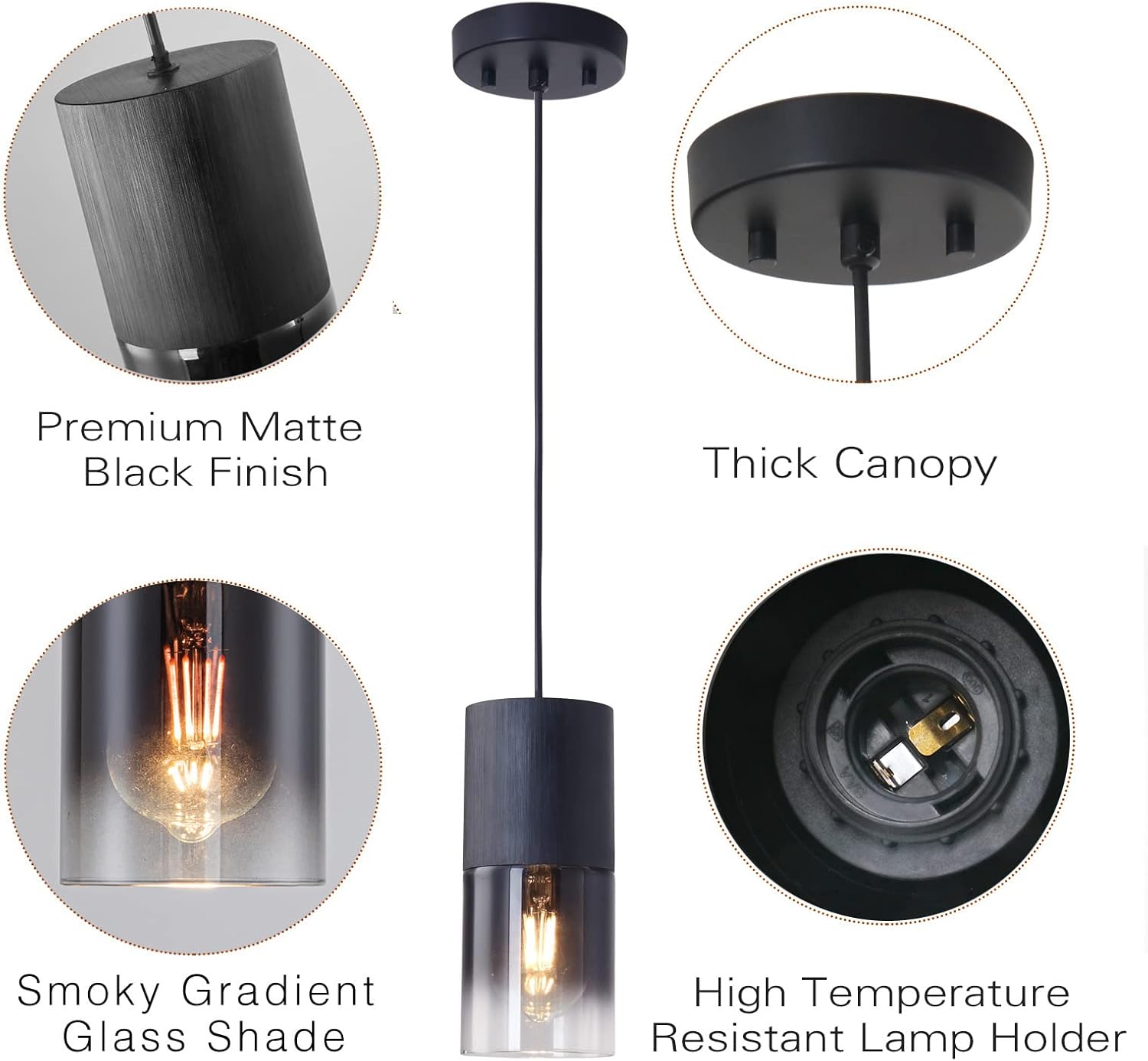 2-Pack Black Pendant Light Fixtures, Adjustable Modern Pendant Lights for Kitchen Island, Industrial Glass Pendant Lights for Dining Table Hallway Bedroom Living Room - Grand Goldman