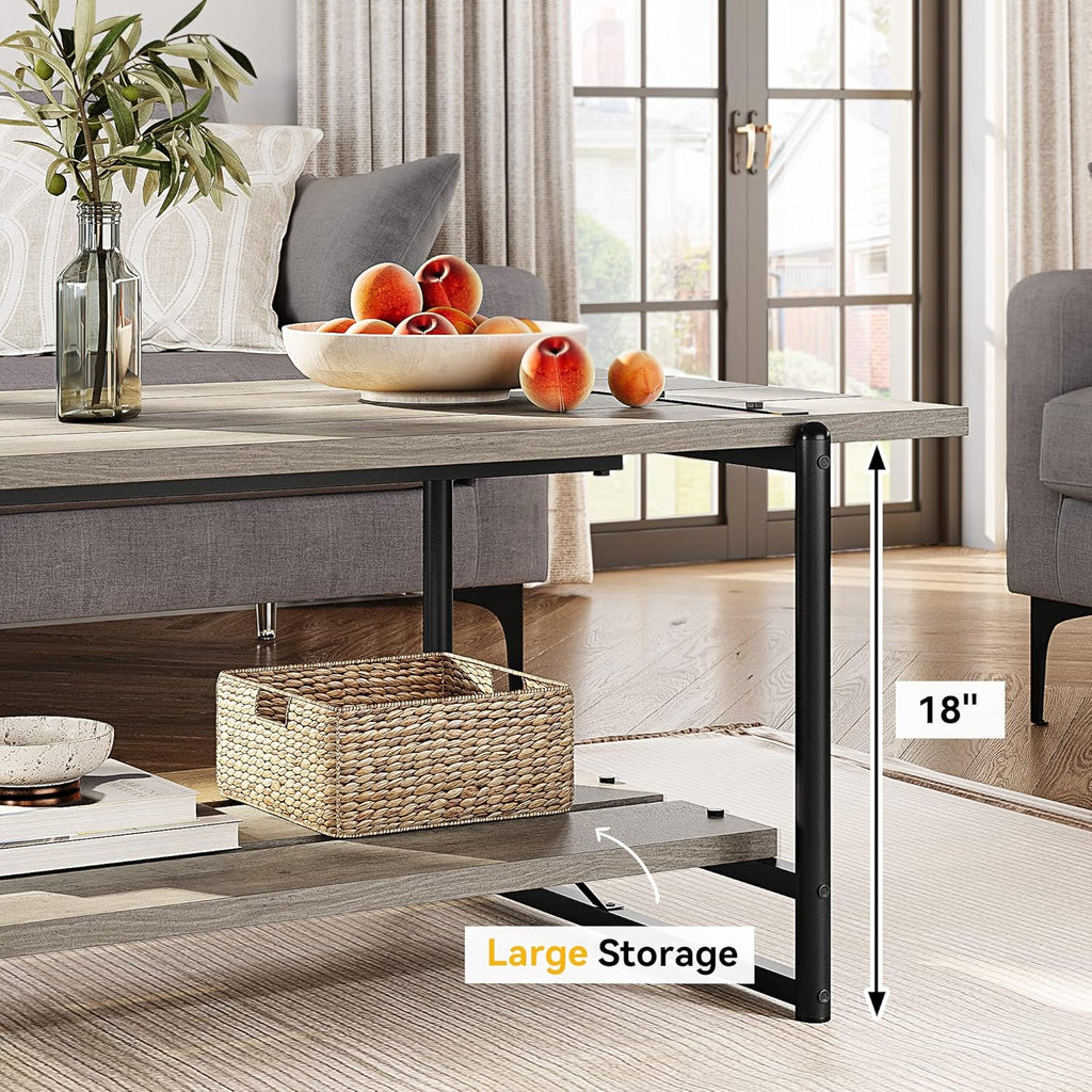 2-Tier Farmhouse 41'' Large Gray Wood Coffee Table with Storage Shelf -Modern Rustic Metal Rectangle Center Living Room Coffee Table Accent Furniture for Home Office,Easy Assembly(Grey) - Grand Goldman