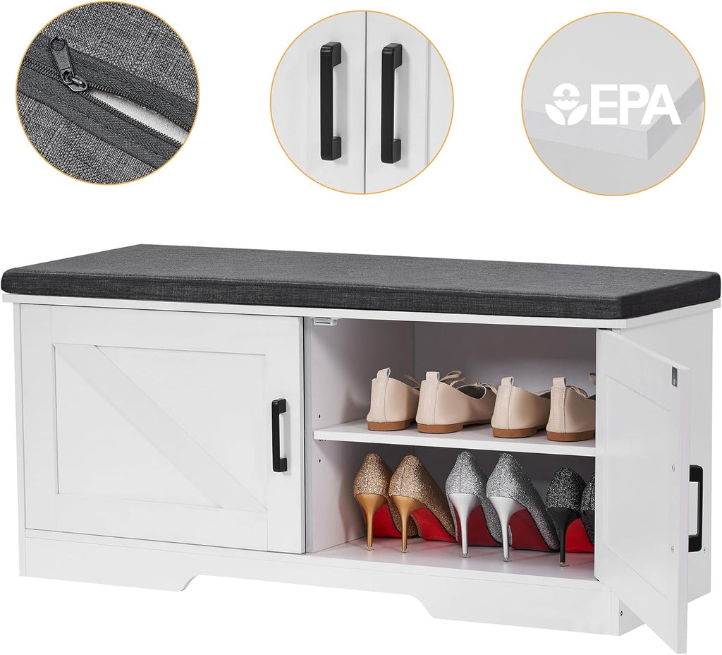 2-Tier Storage Bench, Shoe Bench with Padded Seat Cushion, Entryway Bench with 2 Barn Doors, Adjustable Shelf, 13.8" D x 39.4" W x 17.7" H, for Entryway, Living Room, Bedroom, White - Grand Goldman