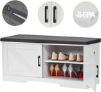 2-Tier Storage Bench, Shoe Bench with Padded Seat Cushion, Entryway Bench with 2 Barn Doors, Adjustable Shelf, 13.8" D x 39.4" W x 17.7" H, for Entryway, Living Room, Bedroom, White - Grand Goldman