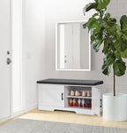 2-Tier Storage Bench, Shoe Bench with Padded Seat Cushion, Entryway Bench with 2 Barn Doors, Adjustable Shelf, 13.8" D x 39.4" W x 17.7" H, for Entryway, Living Room, Bedroom, White - Grand Goldman