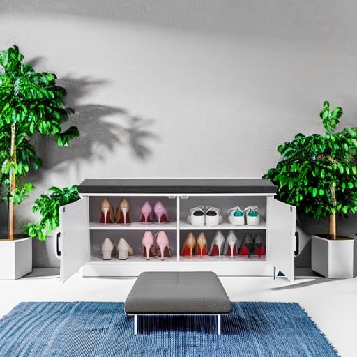 2-Tier Storage Bench, Shoe Bench with Padded Seat Cushion, Entryway Bench with 2 Barn Doors, Adjustable Shelf, 13.8" D x 39.4" W x 17.7" H, for Entryway, Living Room, Bedroom, White - Grand Goldman