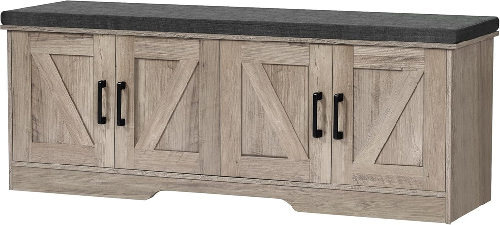2-Tier Storage Bench, Shoe Bench with Padded Seat Cushion, Entryway Bench with 2 Barn Doors, Adjustable Shelf, 13.8" D x 39.4" W x 17.7" H, for Entryway, Living Room, Bedroom, White - Grand Goldman
