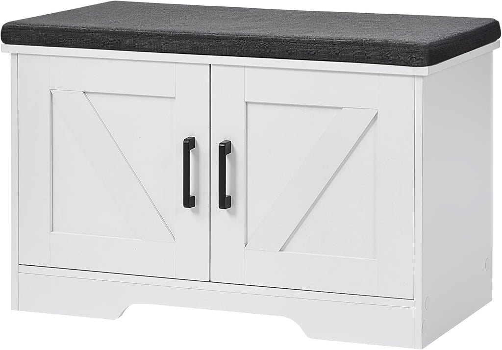 2-Tier Storage Bench, Shoe Bench with Padded Seat Cushion, Entryway Bench with 2 Barn Doors, Adjustable Shelf, 13.8" D x 39.4" W x 17.7" H, for Entryway, Living Room, Bedroom, White - Grand Goldman
