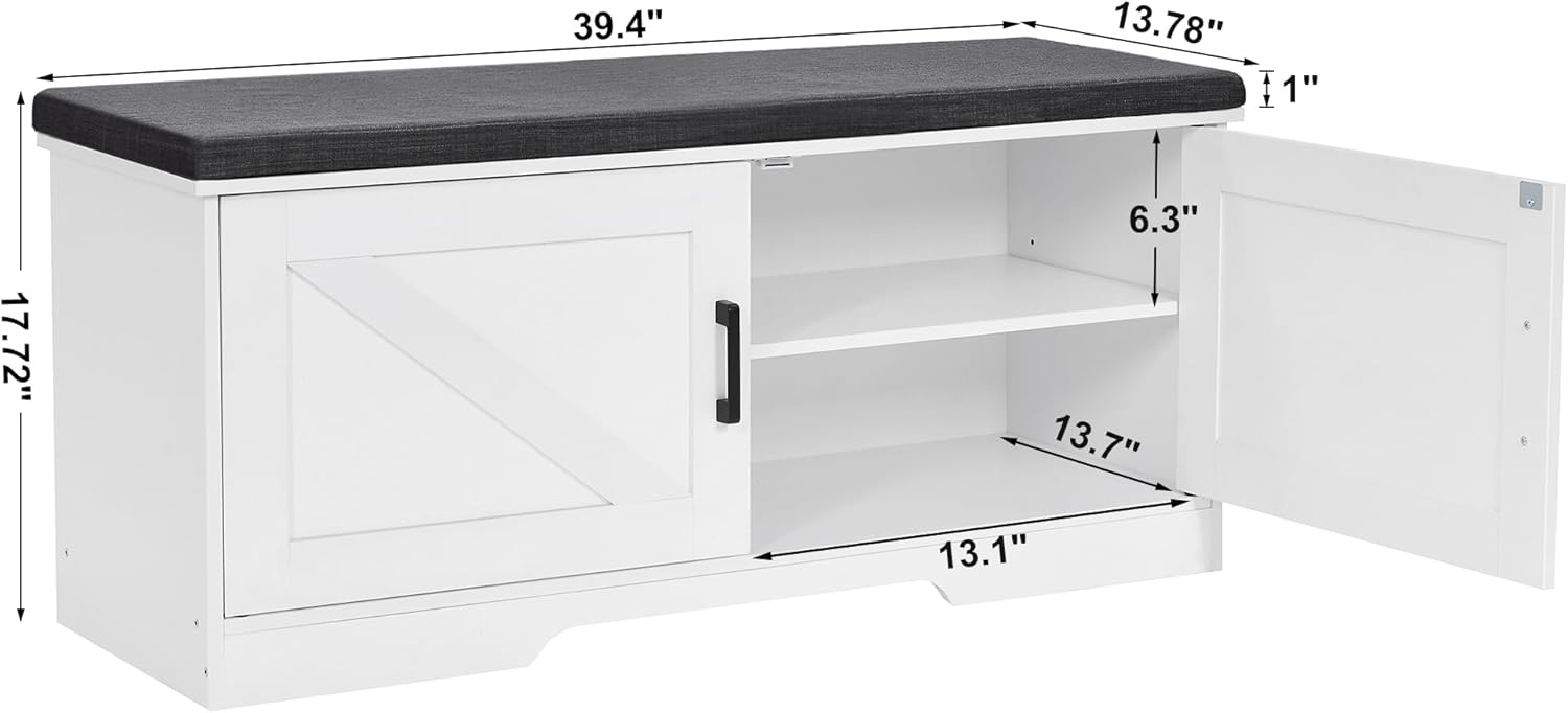 2-Tier Storage Bench, Shoe Bench with Padded Seat Cushion, Entryway Bench with 2 Barn Doors, Adjustable Shelf, 13.8" D x 39.4" W x 17.7" H, for Entryway, Living Room, Bedroom, White - Grand Goldman