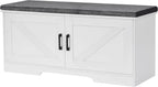 2-Tier Storage Bench, Shoe Bench with Padded Seat Cushion, Entryway Bench with 2 Barn Doors, Adjustable Shelf, 13.8" D x 39.4" W x 17.7" H, for Entryway, Living Room, Bedroom, White - Grand Goldman