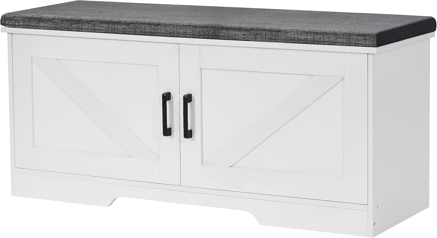 2-Tier Storage Bench, Shoe Bench with Padded Seat Cushion, Entryway Bench with 2 Barn Doors, Adjustable Shelf, 13.8" D x 39.4" W x 17.7" H, for Entryway, Living Room, Bedroom, White - Grand Goldman