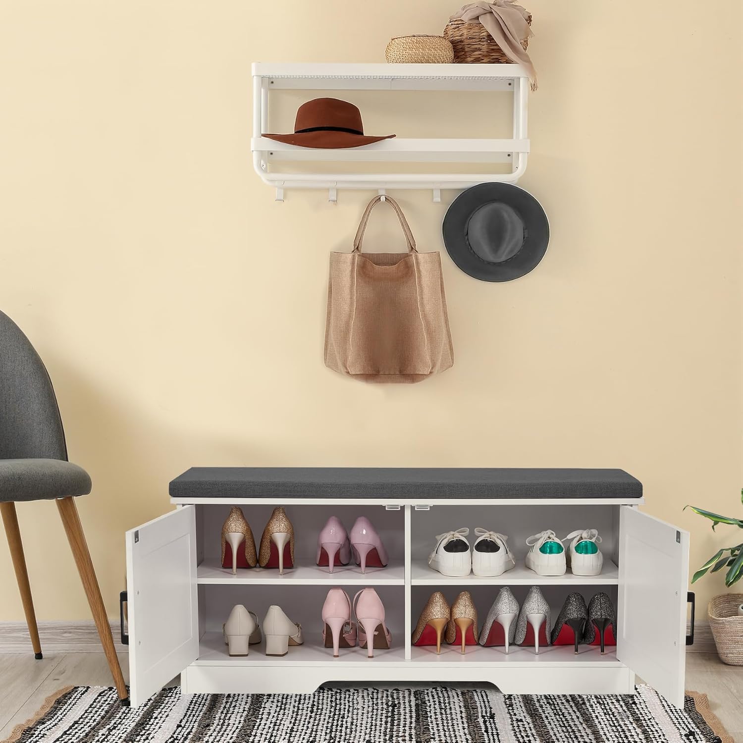 2-Tier Storage Bench, Shoe Bench with Padded Seat Cushion, Entryway Bench with 2 Barn Doors, Adjustable Shelf, 13.8" D x 39.4" W x 17.7" H, for Entryway, Living Room, Bedroom, White - Grand Goldman