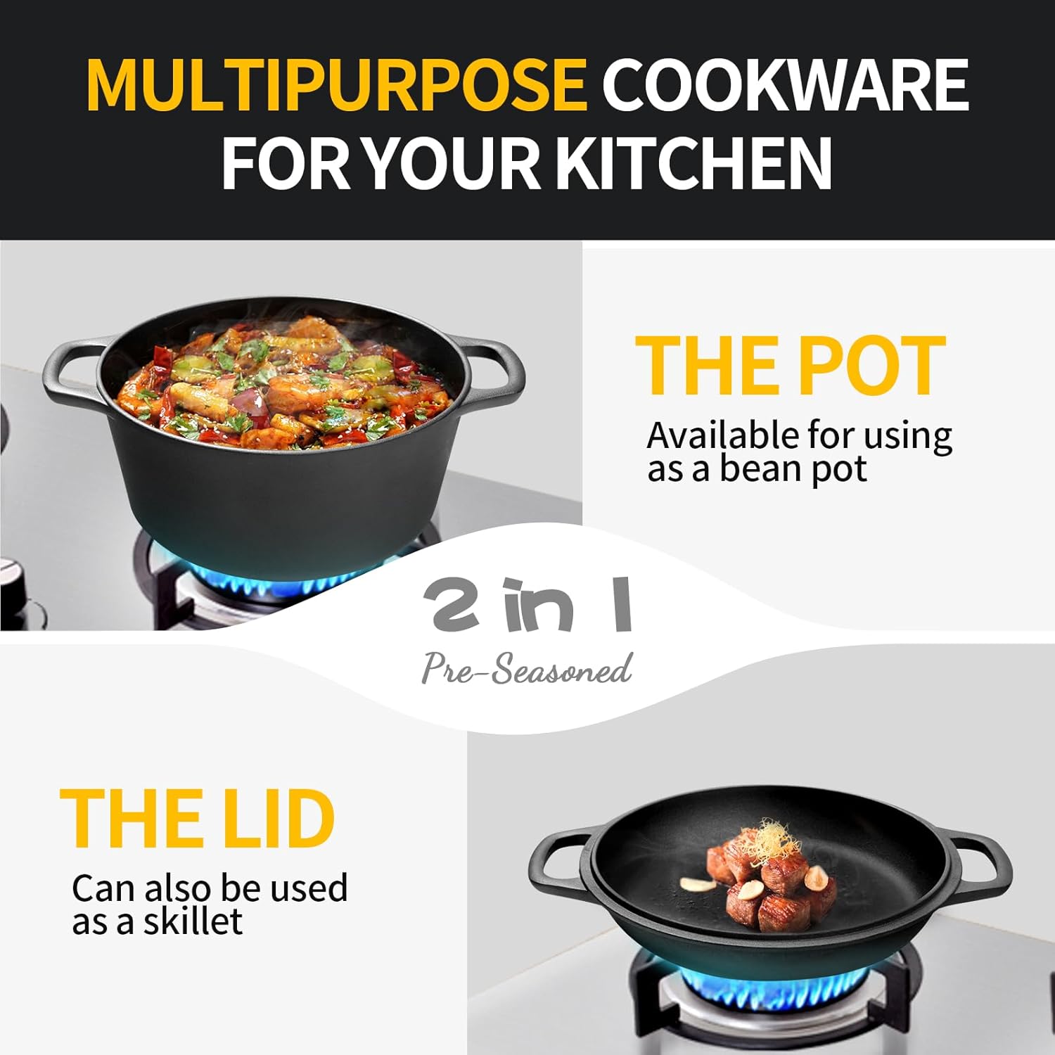 2-in-1 Pre-Seasoned Cast Iron Dutch Oven Pot with Skillet Lid Cooking Pan, Cast Iron Skillet Cookware Pan Set with Dual Handles Indoor Outdoor for Bread, Frying, Baking, Camping, BBQ, 5QT - Grand Goldman