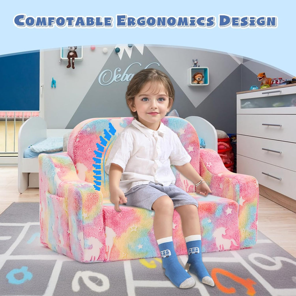 2-in-1 Toddler Chairs Comfy, Toddler Couches That Fold Out,Glow in The Dark, Extra Wide Kids Chairs for Toddler, Baby Couch for 1-3 Year Old, Gifts for Girls & Boys, Gray - Grand Goldman