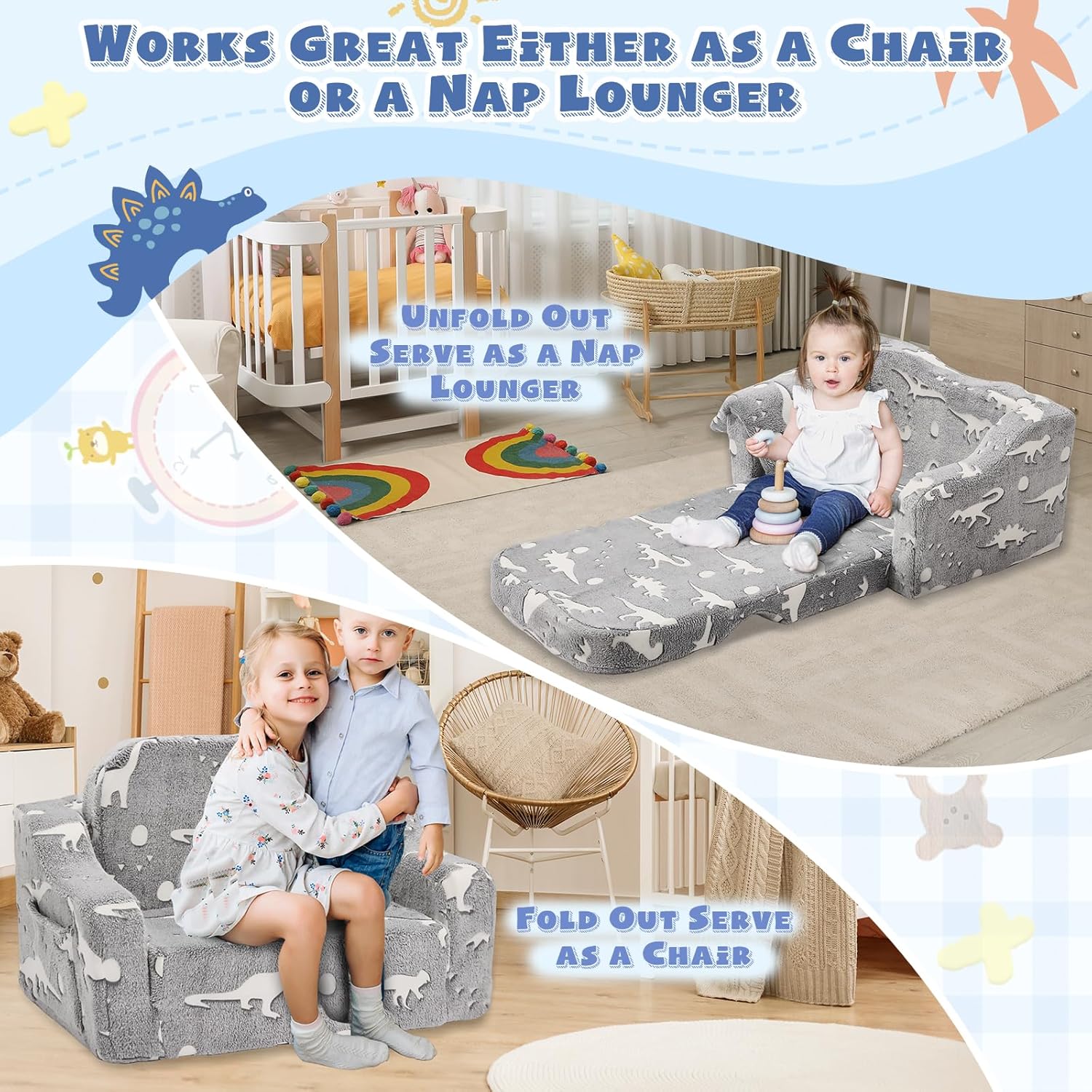 2-in-1 Toddler Chairs Comfy, Toddler Couches That Fold Out,Glow in The Dark, Extra Wide Kids Chairs for Toddler, Baby Couch for 1-3 Year Old, Gifts for Girls & Boys, Gray - Grand Goldman