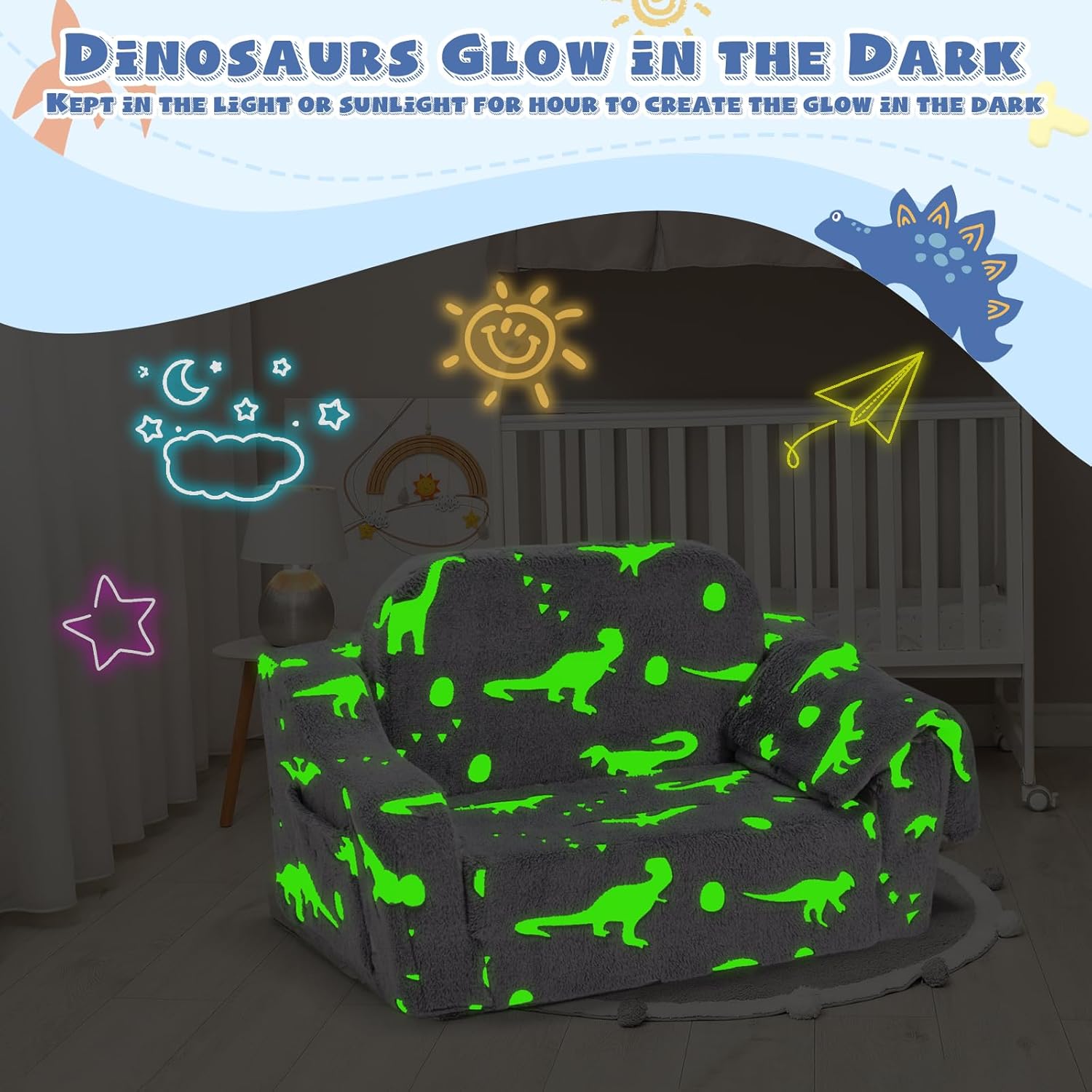 2-in-1 Toddler Chairs Comfy, Toddler Couches That Fold Out,Glow in The Dark, Extra Wide Kids Chairs for Toddler, Baby Couch for 1-3 Year Old, Gifts for Girls & Boys, Gray - Grand Goldman