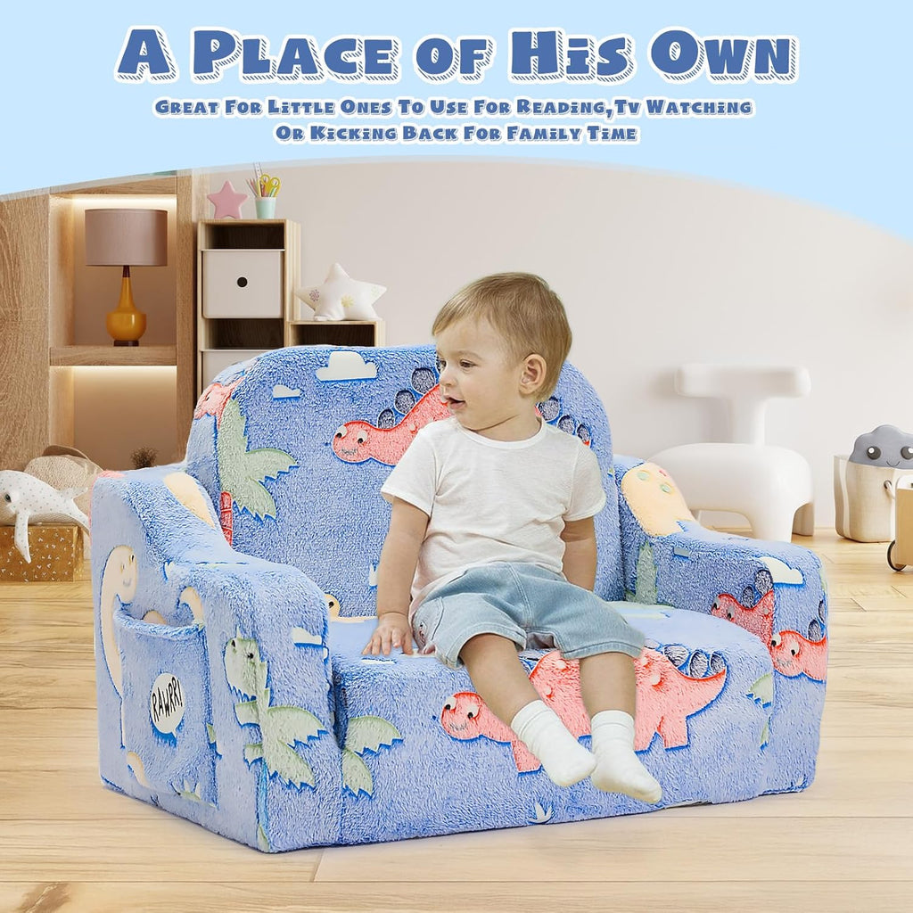 2-in-1 Toddler Chairs Comfy, Toddler Couches That Fold Out,Glow in The Dark, Extra Wide Kids Chairs for Toddler, Baby Couch for 1-3 Year Old, Gifts for Girls & Boys, Gray - Grand Goldman