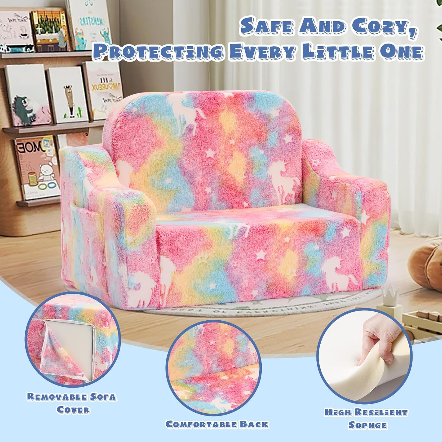 2-in-1 Toddler Chairs Comfy, Toddler Couches That Fold Out,Glow in The Dark, Extra Wide Kids Chairs for Toddler, Baby Couch for 1-3 Year Old, Gifts for Girls & Boys, Gray - Grand Goldman