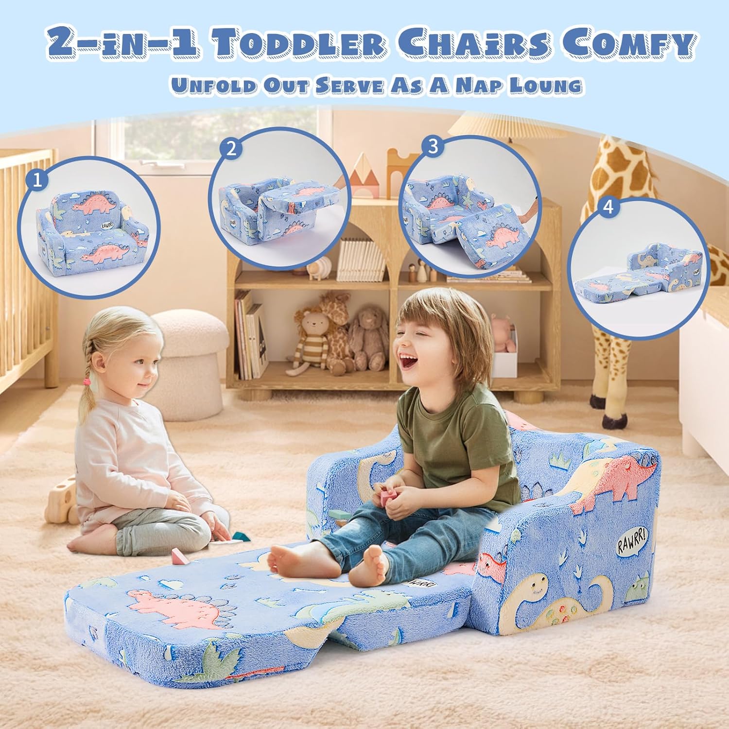 2-in-1 Toddler Chairs Comfy, Toddler Couches That Fold Out,Glow in The Dark, Extra Wide Kids Chairs for Toddler, Baby Couch for 1-3 Year Old, Gifts for Girls & Boys, Gray - Grand Goldman