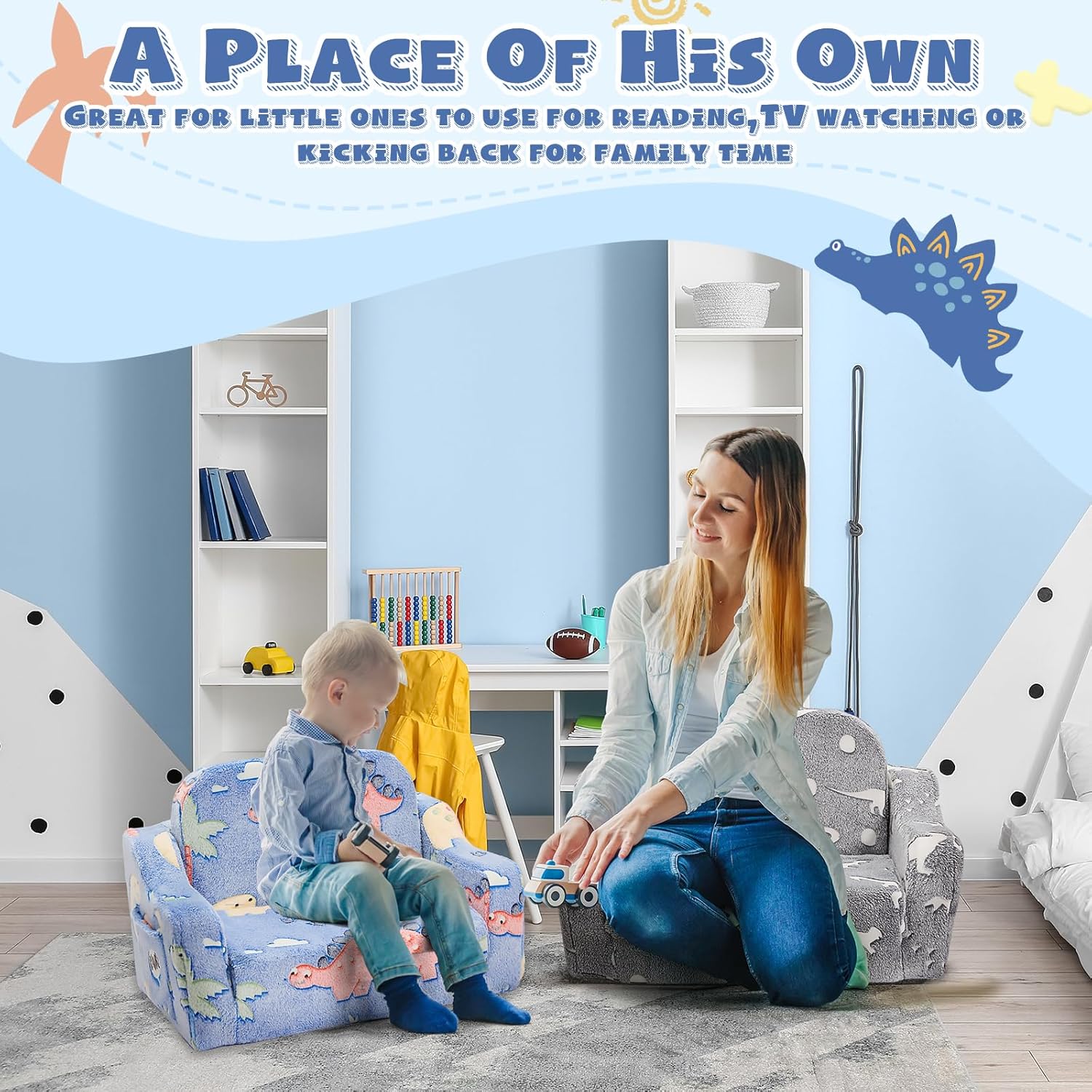 2-in-1 Toddler Chairs Comfy, Toddler Couches That Fold Out,Glow in The Dark, Extra Wide Kids Chairs for Toddler, Baby Couch for 1-3 Year Old, Gifts for Girls & Boys, Gray - Grand Goldman