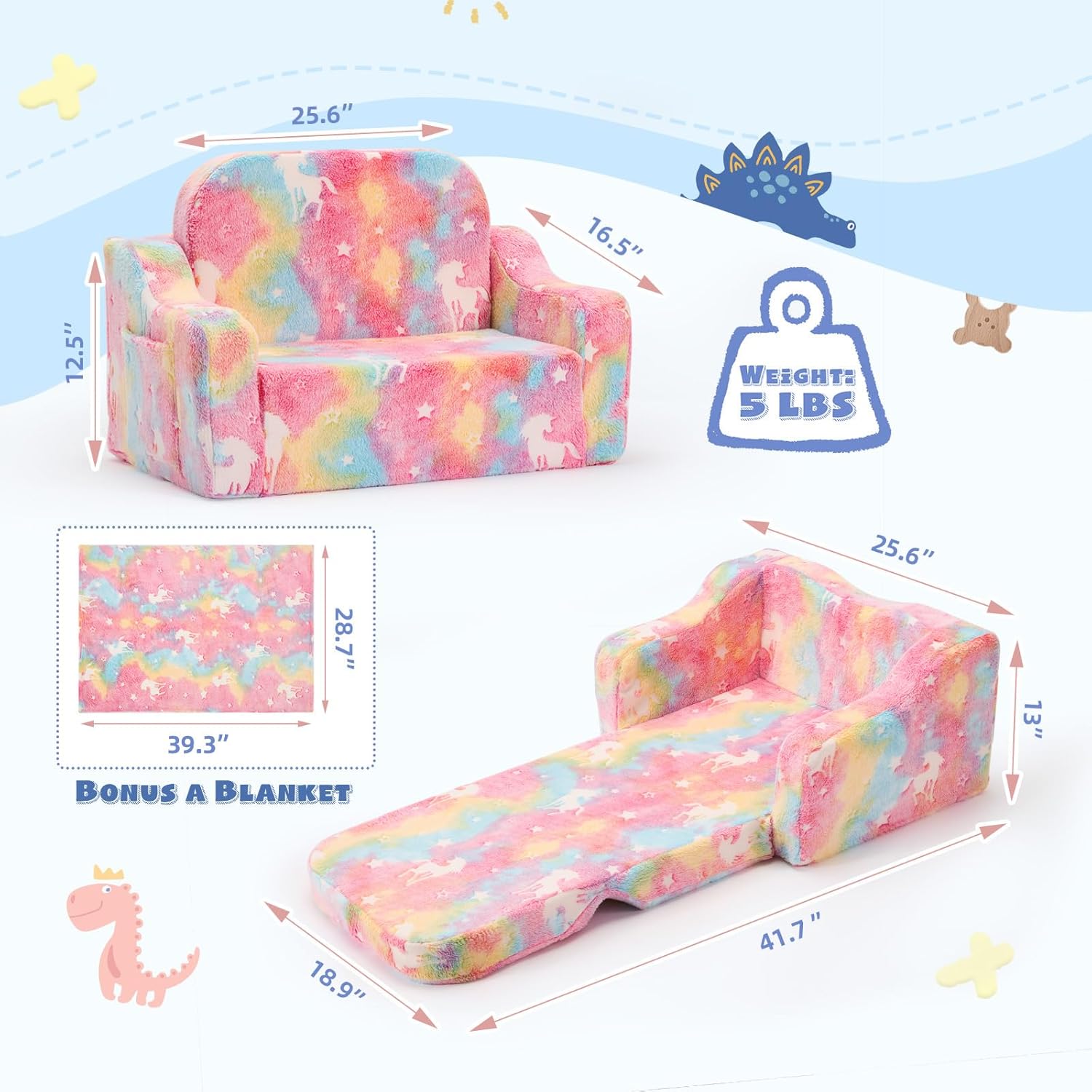 2-in-1 Toddler Chairs Comfy, Toddler Couches That Fold Out,Glow in The Dark, Extra Wide Kids Chairs for Toddler, Baby Couch for 1-3 Year Old, Gifts for Girls & Boys, Gray - Grand Goldman