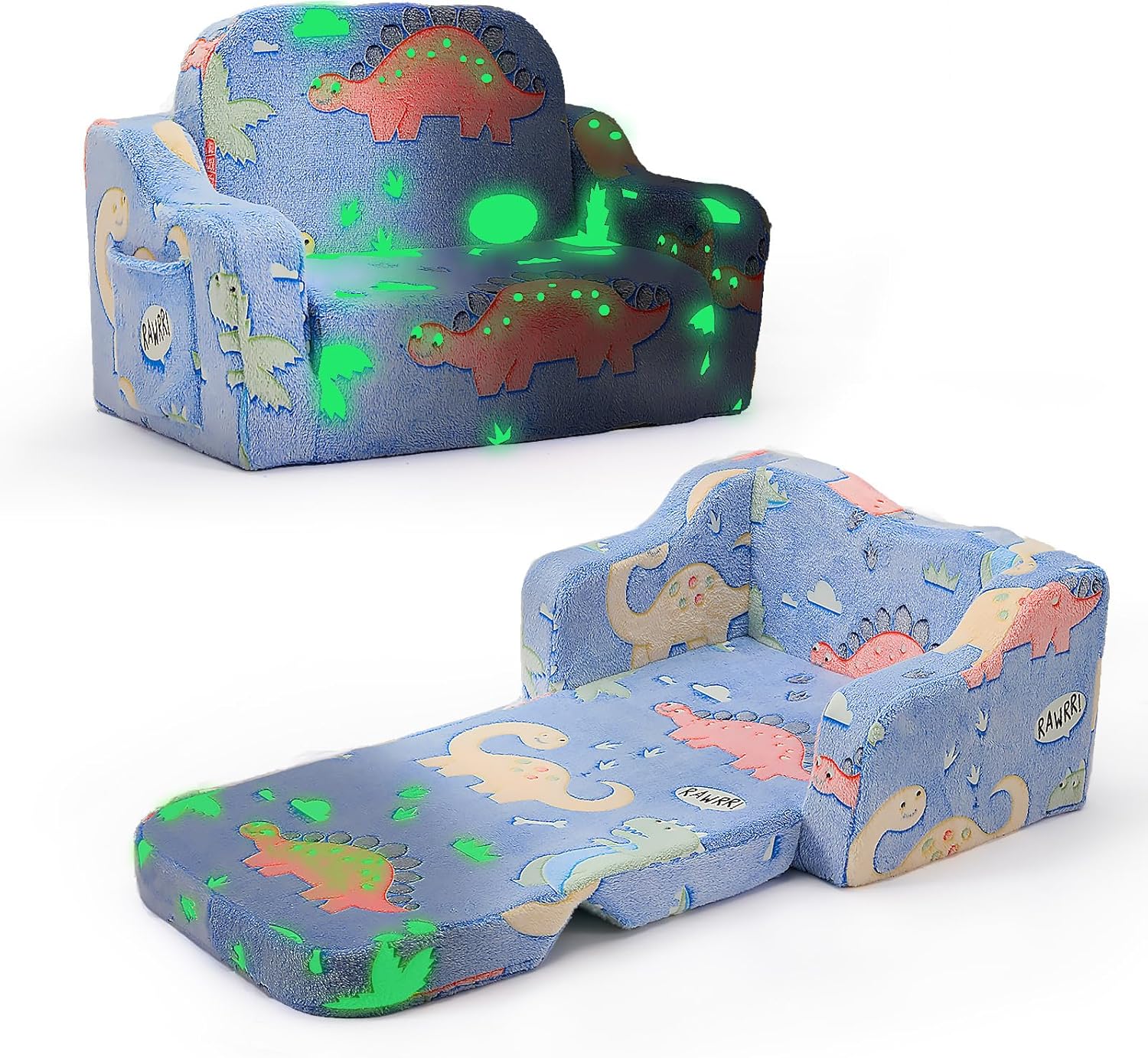 2-in-1 Toddler Chairs Comfy, Toddler Couches That Fold Out,Glow in The Dark, Extra Wide Kids Chairs for Toddler, Baby Couch for 1-3 Year Old, Gifts for Girls & Boys, Gray - Grand Goldman