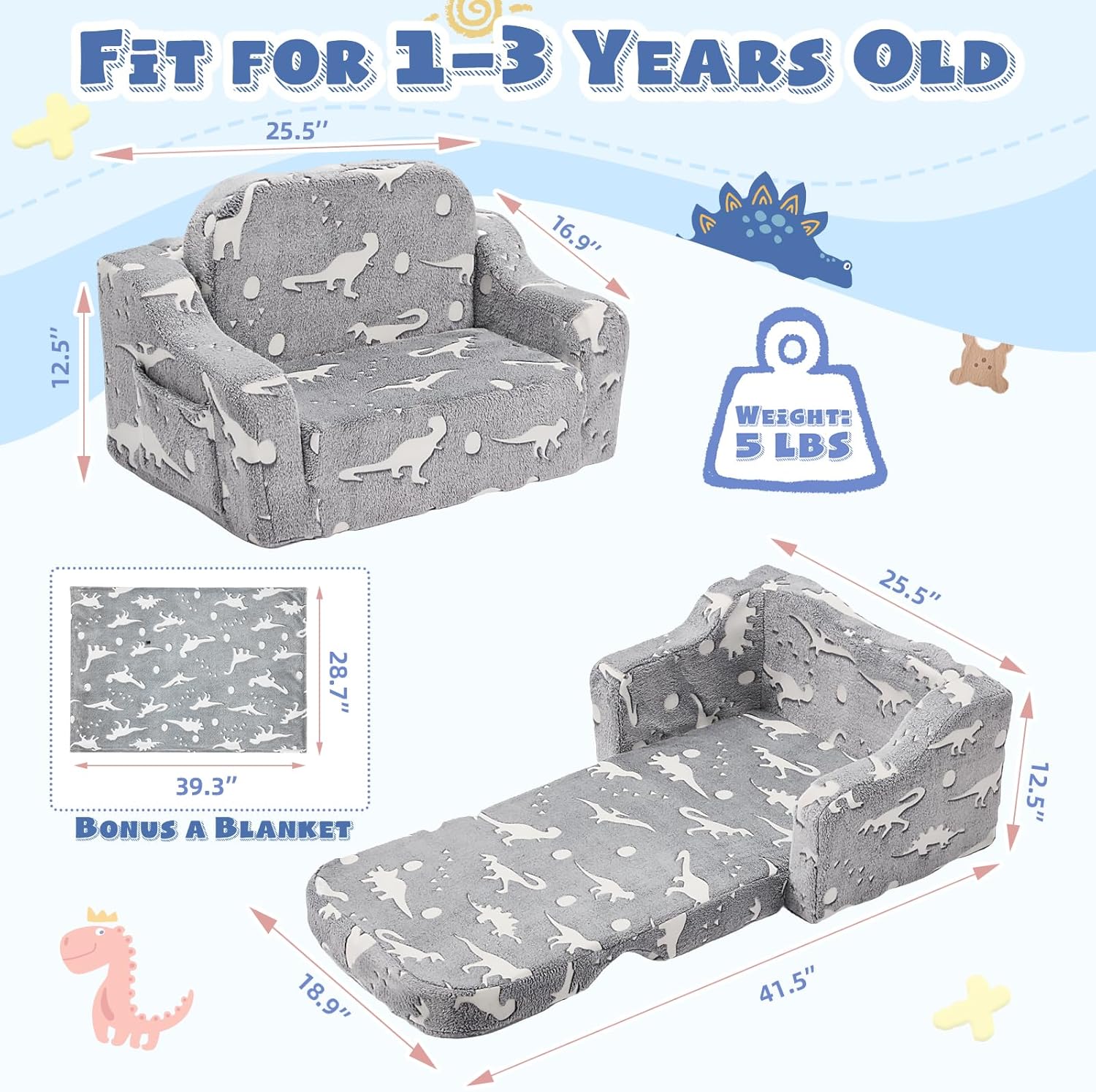 2-in-1 Toddler Chairs Comfy, Toddler Couches That Fold Out,Glow in The Dark, Extra Wide Kids Chairs for Toddler, Baby Couch for 1-3 Year Old, Gifts for Girls & Boys, Gray - Grand Goldman