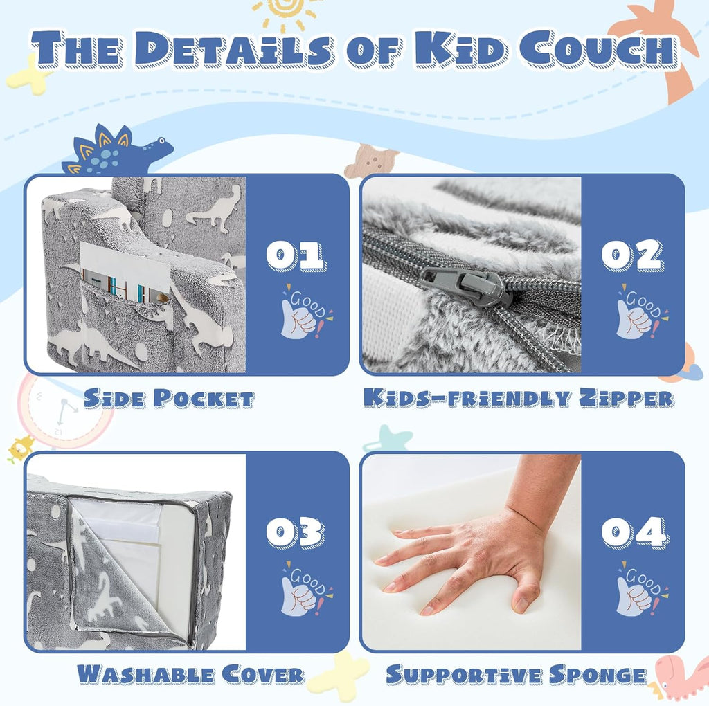 2-in-1 Toddler Chairs Comfy, Toddler Couches That Fold Out,Glow in The Dark, Extra Wide Kids Chairs for Toddler, Baby Couch for 1-3 Year Old, Gifts for Girls & Boys, Gray - Grand Goldman