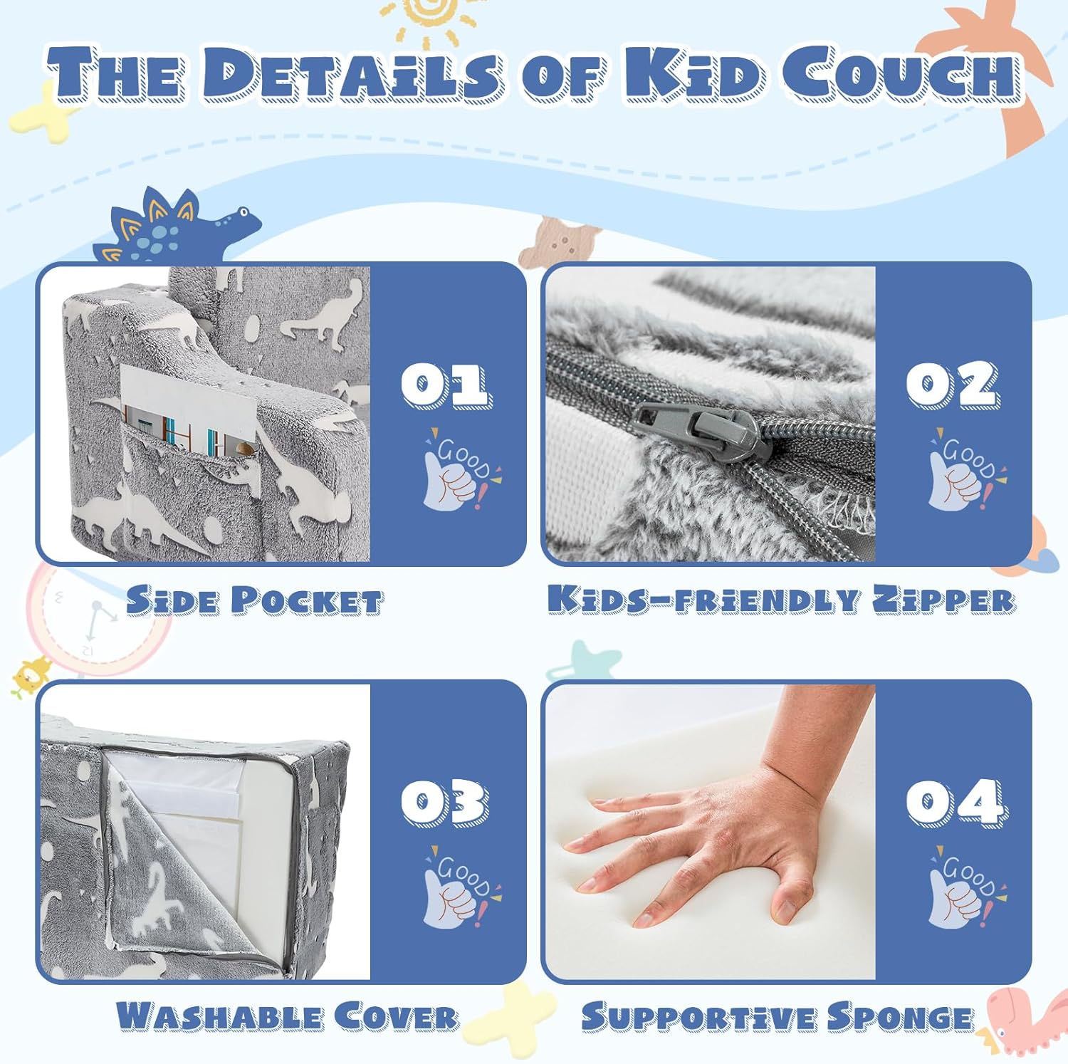 2-in-1 Toddler Chairs Comfy, Toddler Couches That Fold Out,Glow in The Dark, Extra Wide Kids Chairs for Toddler, Baby Couch for 1-3 Year Old, Gifts for Girls & Boys, Gray - Grand Goldman