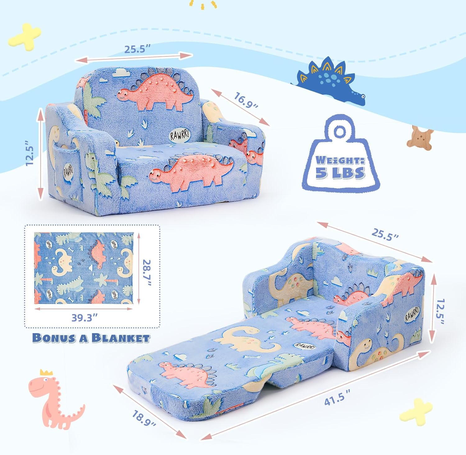 2-in-1 Toddler Chairs Comfy, Toddler Couches That Fold Out,Glow in The Dark, Extra Wide Kids Chairs for Toddler, Baby Couch for 1-3 Year Old, Gifts for Girls & Boys, Gray - Grand Goldman