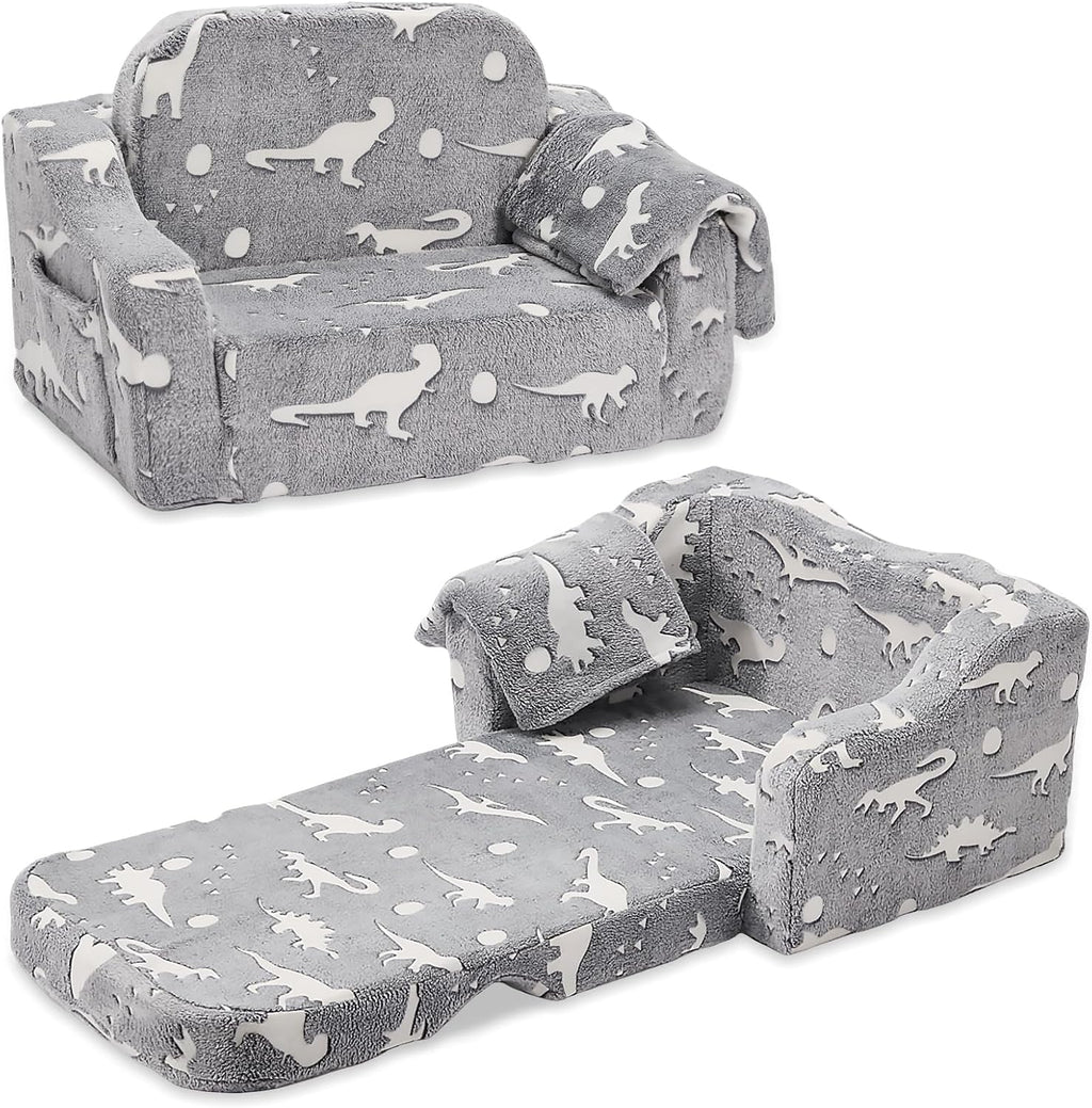 2-in-1 Toddler Chairs Comfy, Toddler Couches That Fold Out,Glow in The Dark, Extra Wide Kids Chairs for Toddler, Baby Couch for 1-3 Year Old, Gifts for Girls & Boys, Gray - Grand Goldman