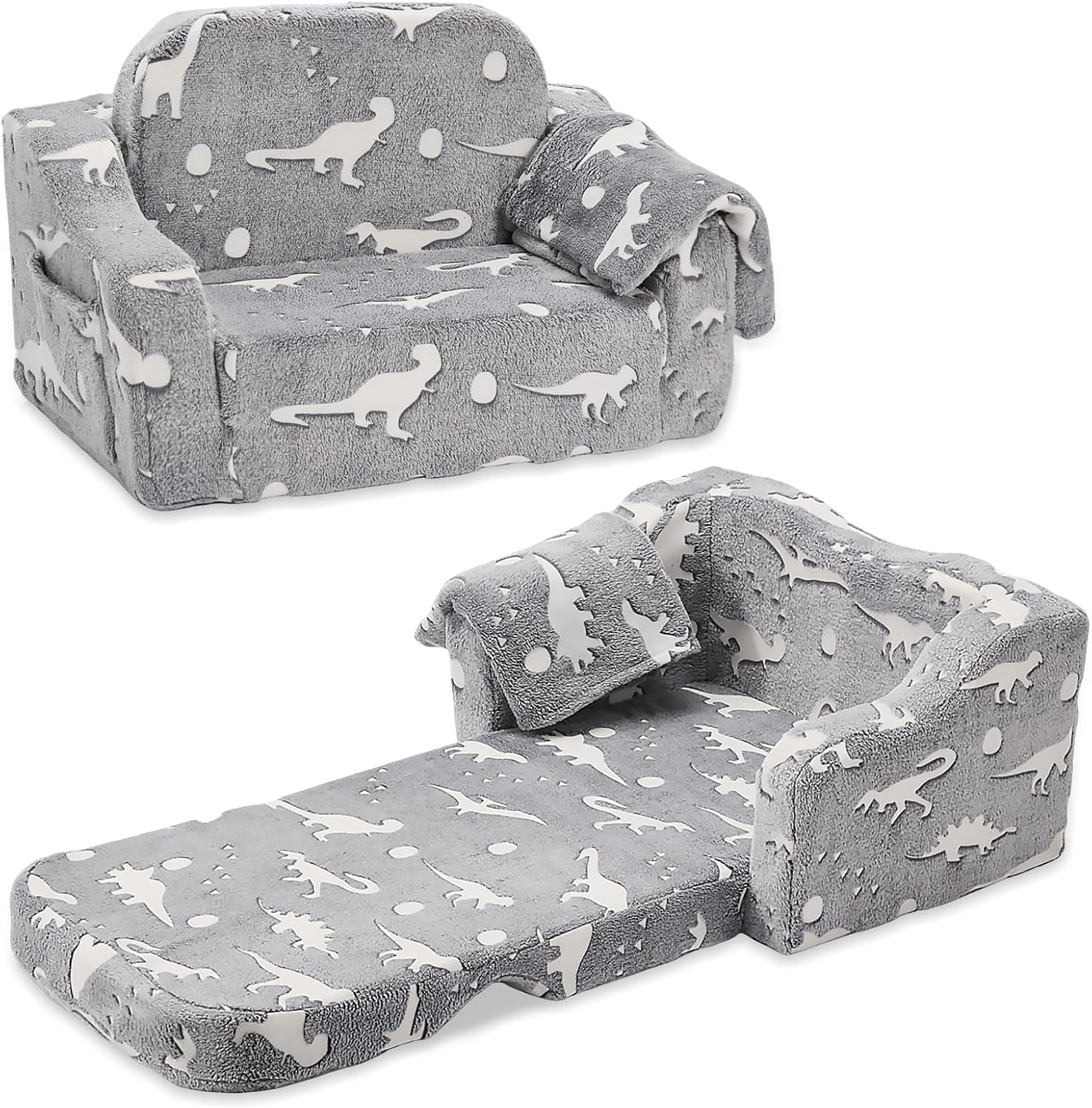 2-in-1 Toddler Chairs Comfy, Toddler Couches That Fold Out,Glow in The Dark, Extra Wide Kids Chairs for Toddler, Baby Couch for 1-3 Year Old, Gifts for Girls & Boys, Gray - Grand Goldman