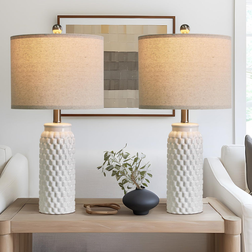 20.5" White Modern Ceramic Bedside Lamp Set of 2 for Bedroom Decor Farmhouse Table Lamp for Living Room Office Dorm - Grand Goldman