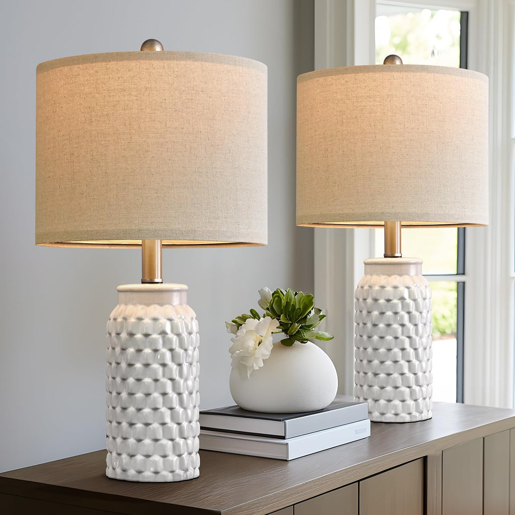 20.5" White Modern Ceramic Bedside Lamp Set of 2 for Bedroom Decor Farmhouse Table Lamp for Living Room Office Dorm - Grand Goldman