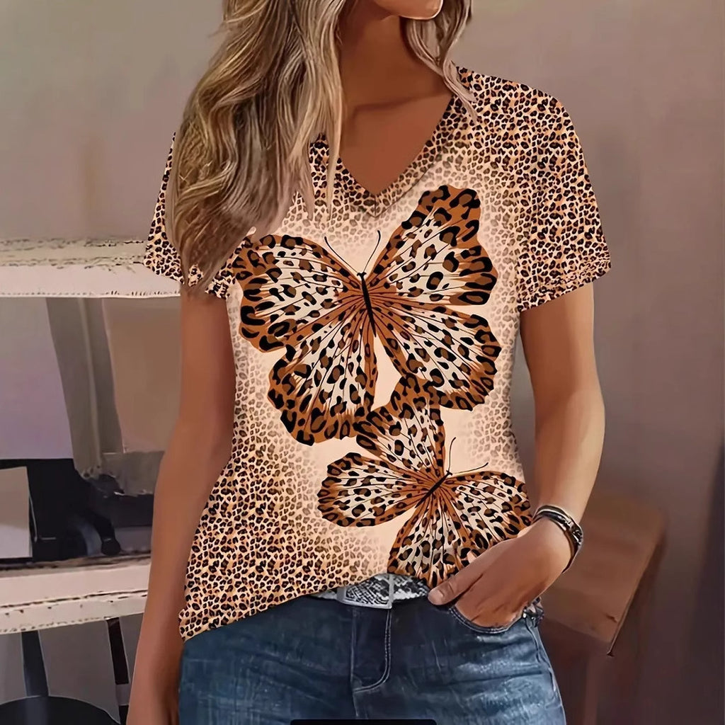 Fashion Comfortable Animal Plant Pattern Short Sleeve V-neck T-shirt