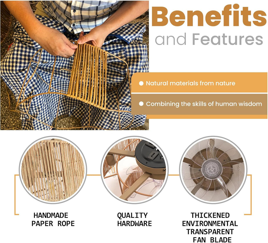 20 Inch Boho Caged Ceiling Fans with Lights Flush Mount, Layered Rattan Ceiling Fan with Light Remote Control with Reversible 6 Speeds for Bedroom, Nursery, Living Room, E12 Base, Indoor - Grand Goldman