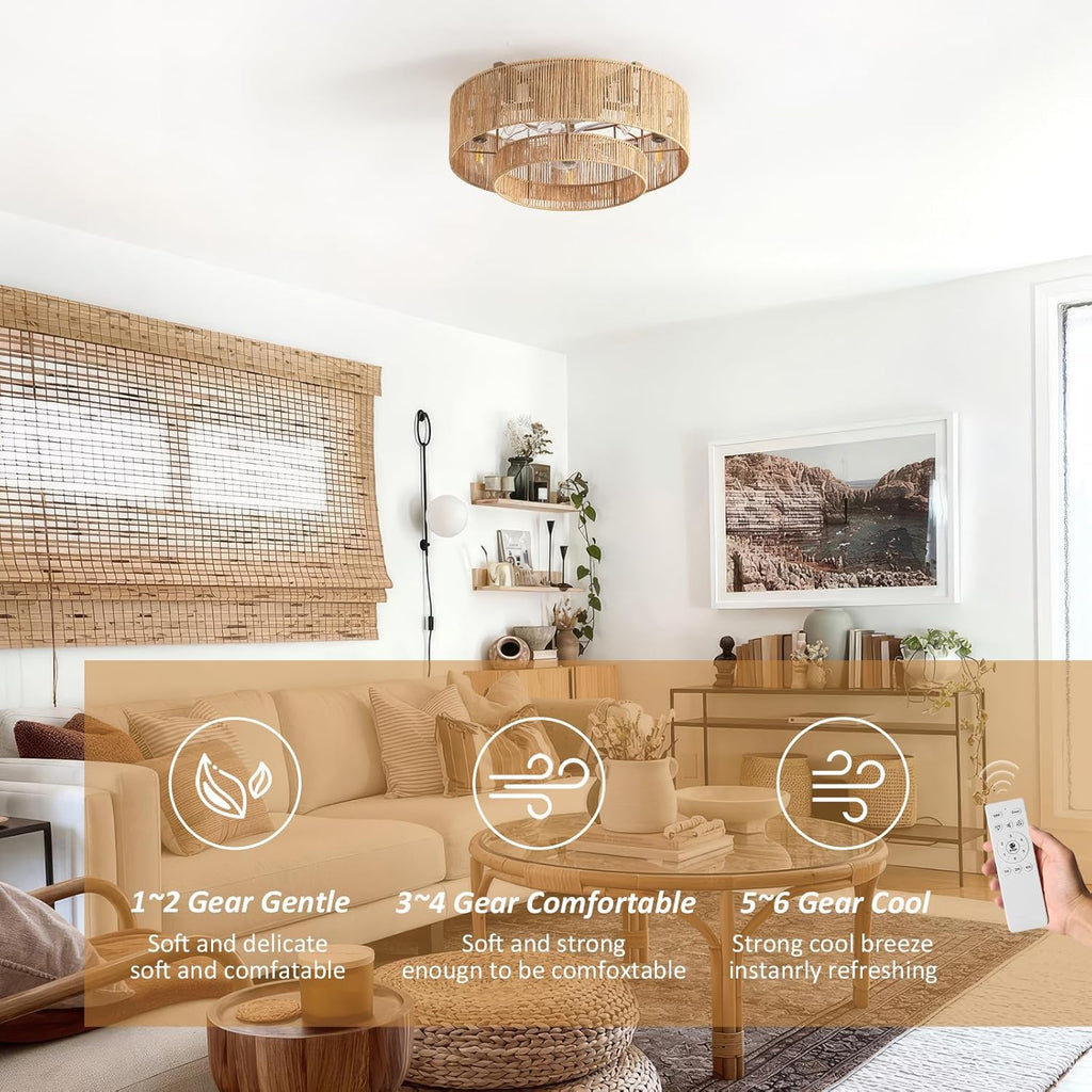 20 Inch Boho Caged Ceiling Fans with Lights Flush Mount, Layered Rattan Ceiling Fan with Light Remote Control with Reversible 6 Speeds for Bedroom, Nursery, Living Room, E12 Base, Indoor - Grand Goldman