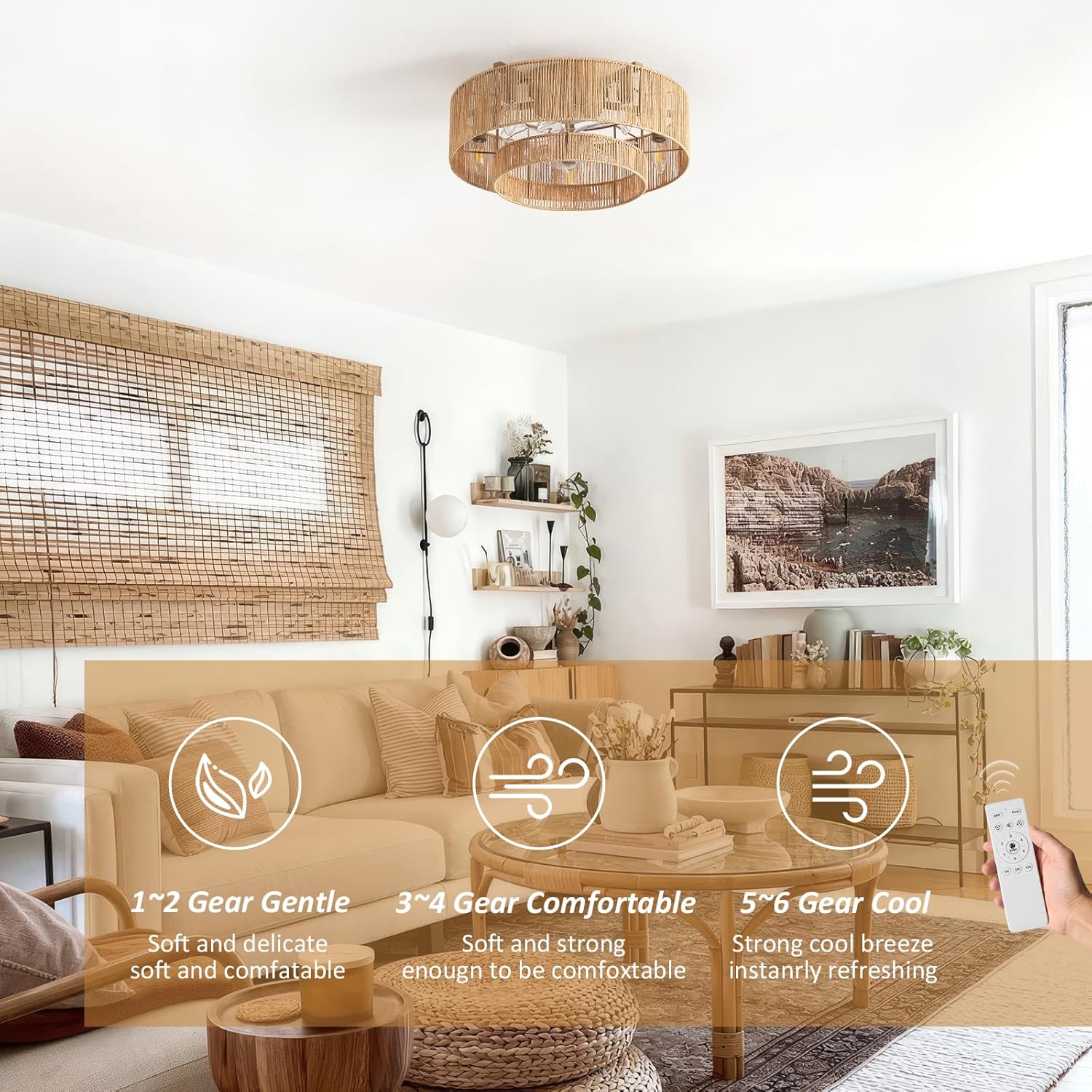 20 Inch Boho Caged Ceiling Fans with Lights Flush Mount, Layered Rattan Ceiling Fan with Light Remote Control with Reversible 6 Speeds for Bedroom, Nursery, Living Room, E12 Base, Indoor - Grand Goldman