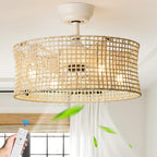 20 Inch Boho Caged Ceiling Fans with Lights Flush Mount, Layered Rattan Ceiling Fan with Light Remote Control with Reversible 6 Speeds for Bedroom, Nursery, Living Room, E12 Base, Indoor - Grand Goldman