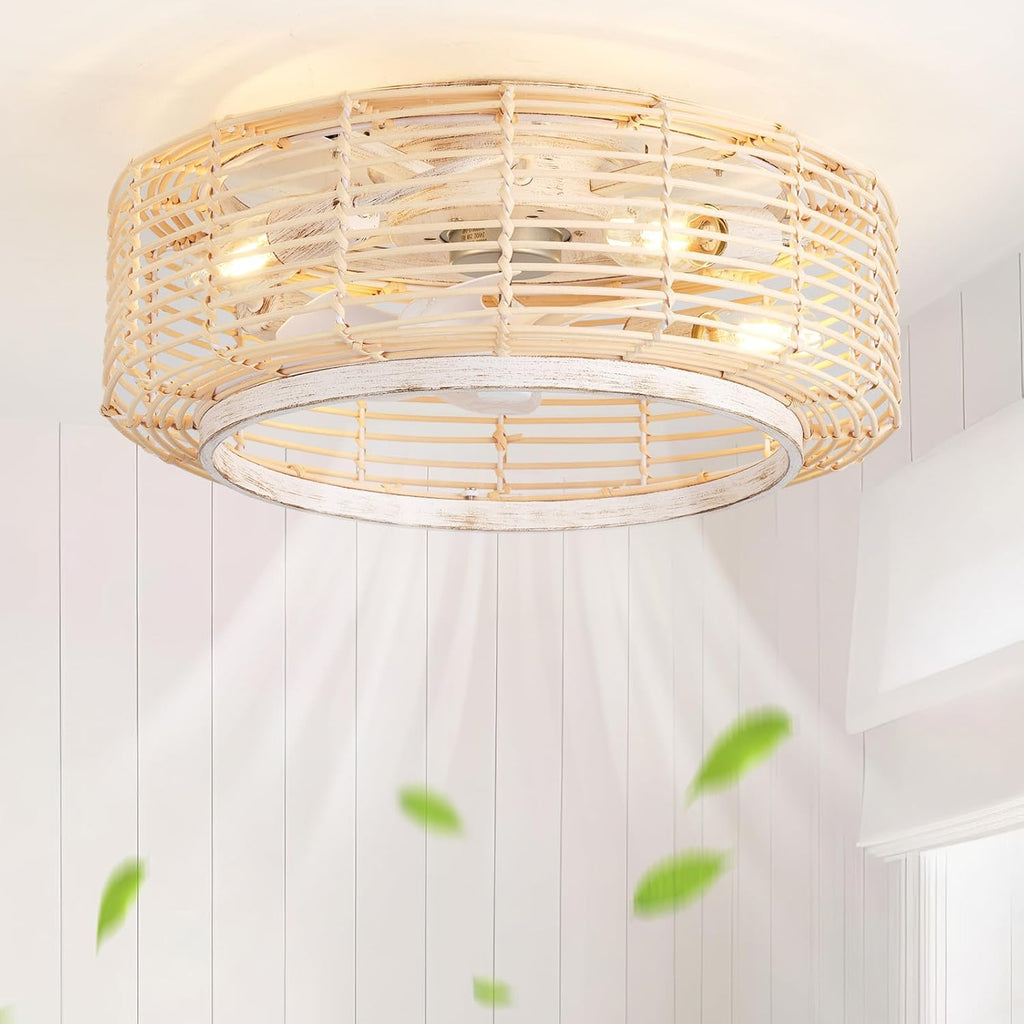 20 Inch Boho Caged Ceiling Fans with Lights Flush Mount, Layered Rattan Ceiling Fan with Light Remote Control with Reversible 6 Speeds for Bedroom, Nursery, Living Room, E12 Base, Indoor - Grand Goldman