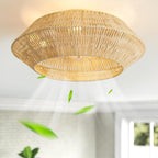 20 Inch Boho Caged Ceiling Fans with Lights Flush Mount, Layered Rattan Ceiling Fan with Light Remote Control with Reversible 6 Speeds for Bedroom, Nursery, Living Room, E12 Base, Indoor - Grand Goldman