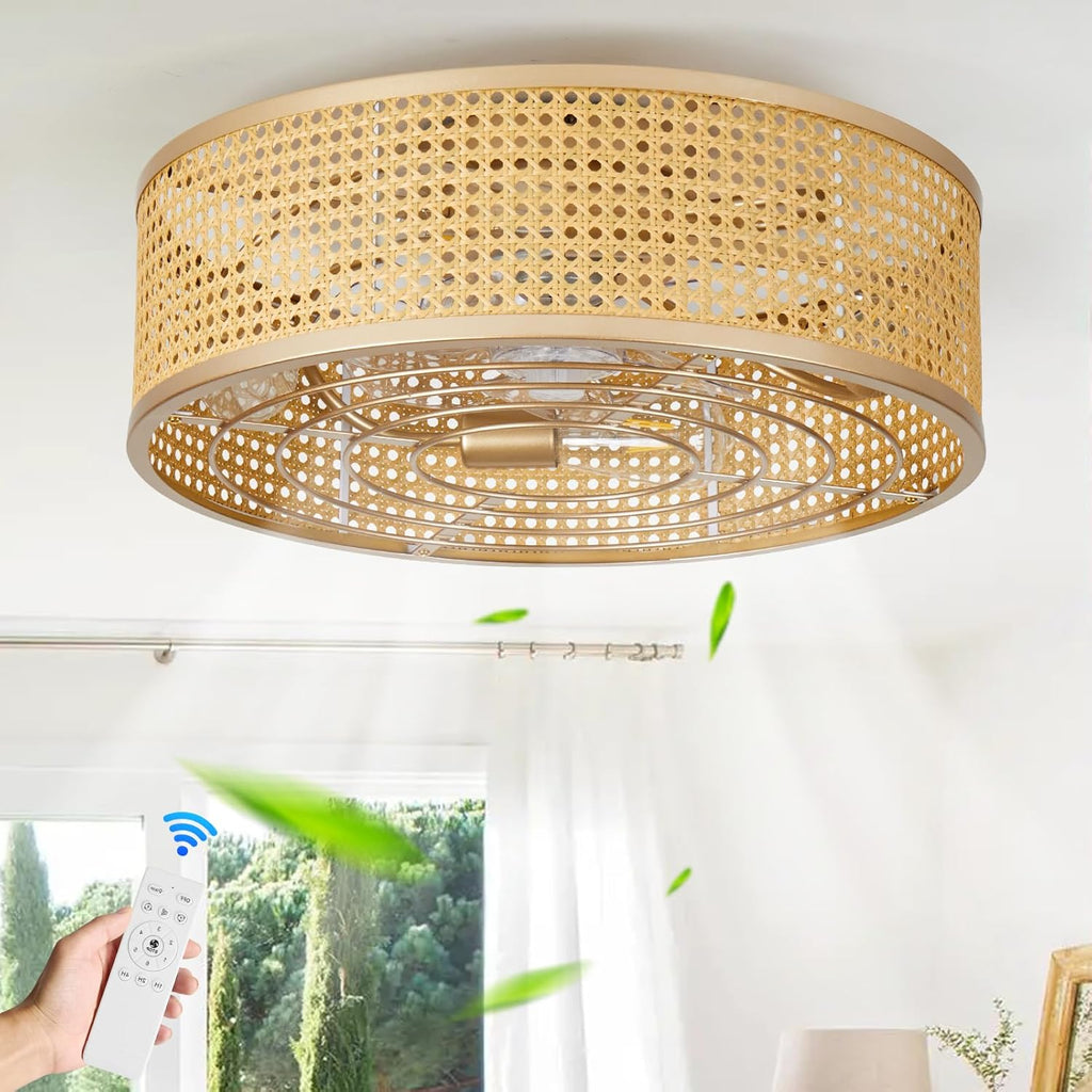 20 Inch Boho Caged Ceiling Fans with Lights Flush Mount, Layered Rattan Ceiling Fan with Light Remote Control with Reversible 6 Speeds for Bedroom, Nursery, Living Room, E12 Base, Indoor - Grand Goldman