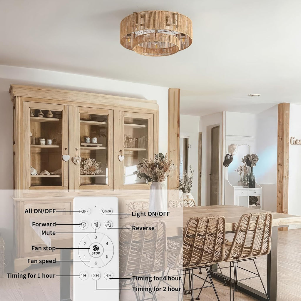 20 Inch Boho Caged Ceiling Fans with Lights Flush Mount, Layered Rattan Ceiling Fan with Light Remote Control with Reversible 6 Speeds for Bedroom, Nursery, Living Room, E12 Base, Indoor - Grand Goldman