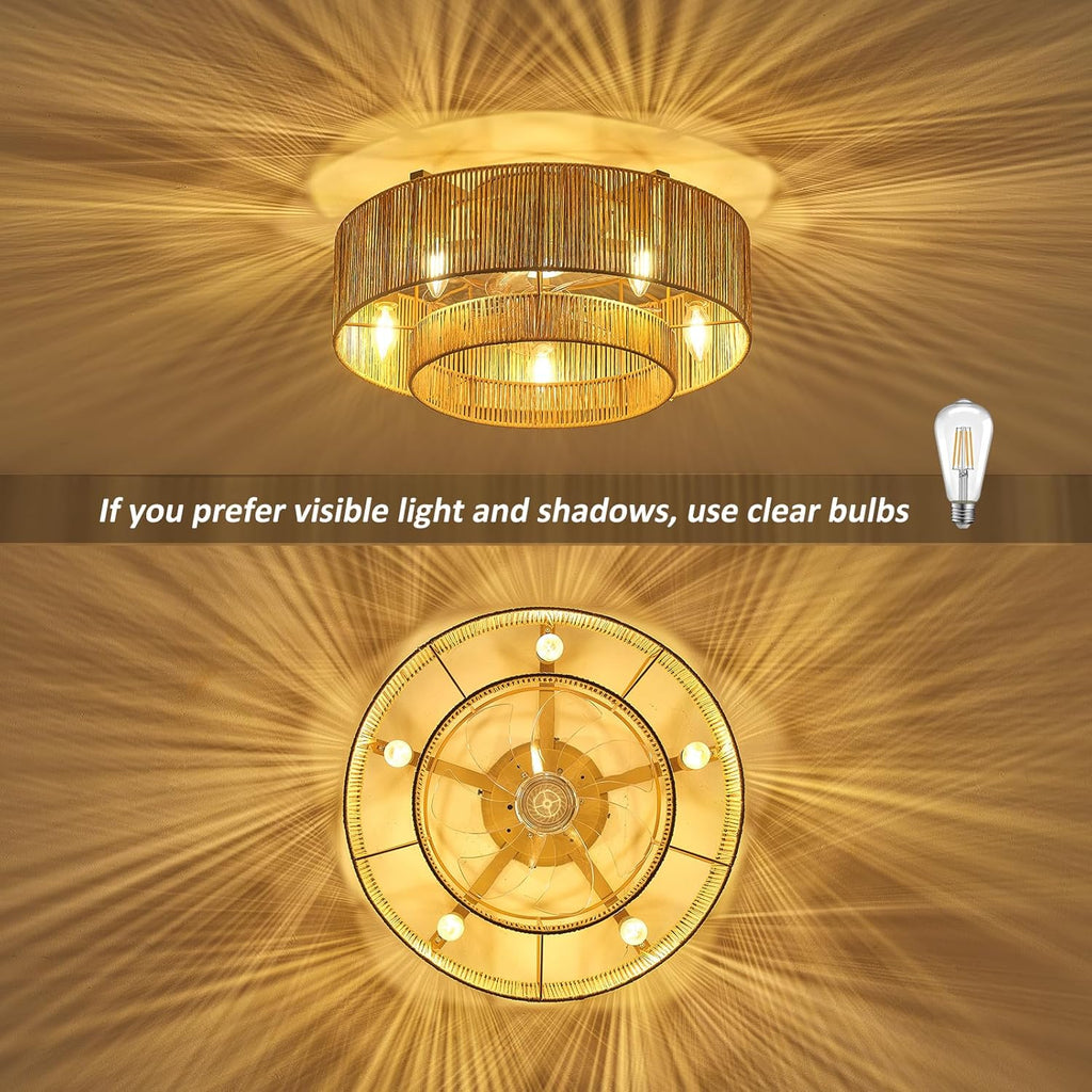 20 Inch Boho Caged Ceiling Fans with Lights Flush Mount, Layered Rattan Ceiling Fan with Light Remote Control with Reversible 6 Speeds for Bedroom, Nursery, Living Room, E12 Base, Indoor - Grand Goldman