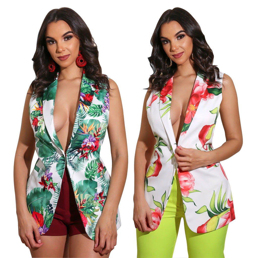 Fashion Floral Print Sleeveless Blazer - Grand Goldman