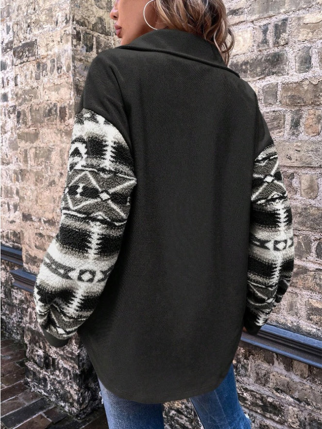 Geo Pattern Flap Pocket Drop Shoulder Coat