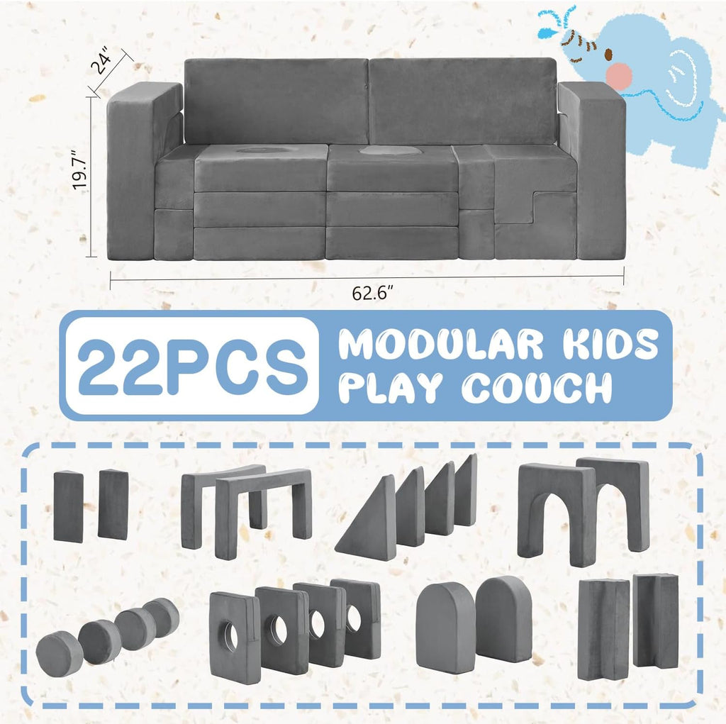 22Pcs Modular Kids Play Couch, Floor Sofa for Children, 1000+DIY Creativing Playroom Furniture for Toddlers， Convertible Foam and Floor Cushion for Boys and Girls - Grand Goldman