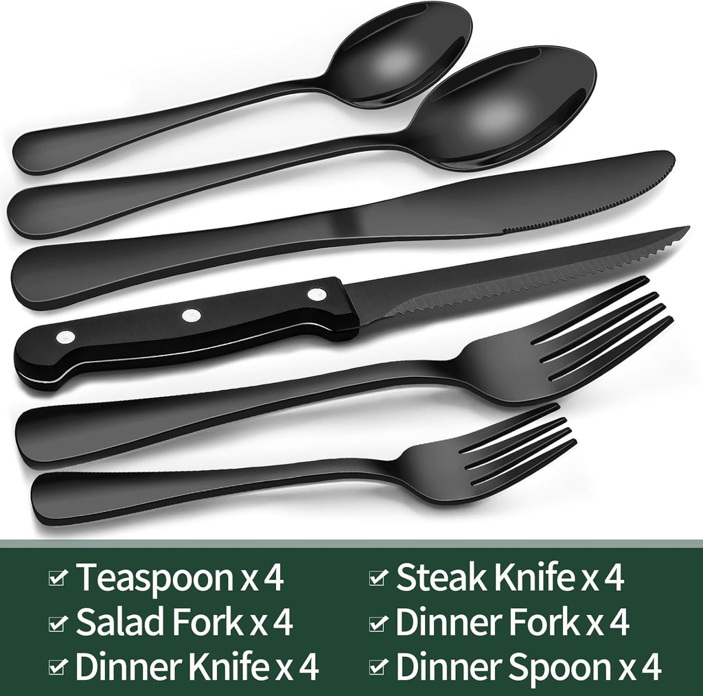 24-Piece Black Silverware Set with Steak Knives, Black Flatware Set for 4, Food-Grade Stainless Steel Tableware Cutlery Set, Mirror Finished Utensil Sets for Home Restaurant - Grand Goldman