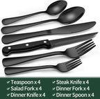 24-Piece Black Silverware Set with Steak Knives, Black Flatware Set for 4, Food-Grade Stainless Steel Tableware Cutlery Set, Mirror Finished Utensil Sets for Home Restaurant - Grand Goldman