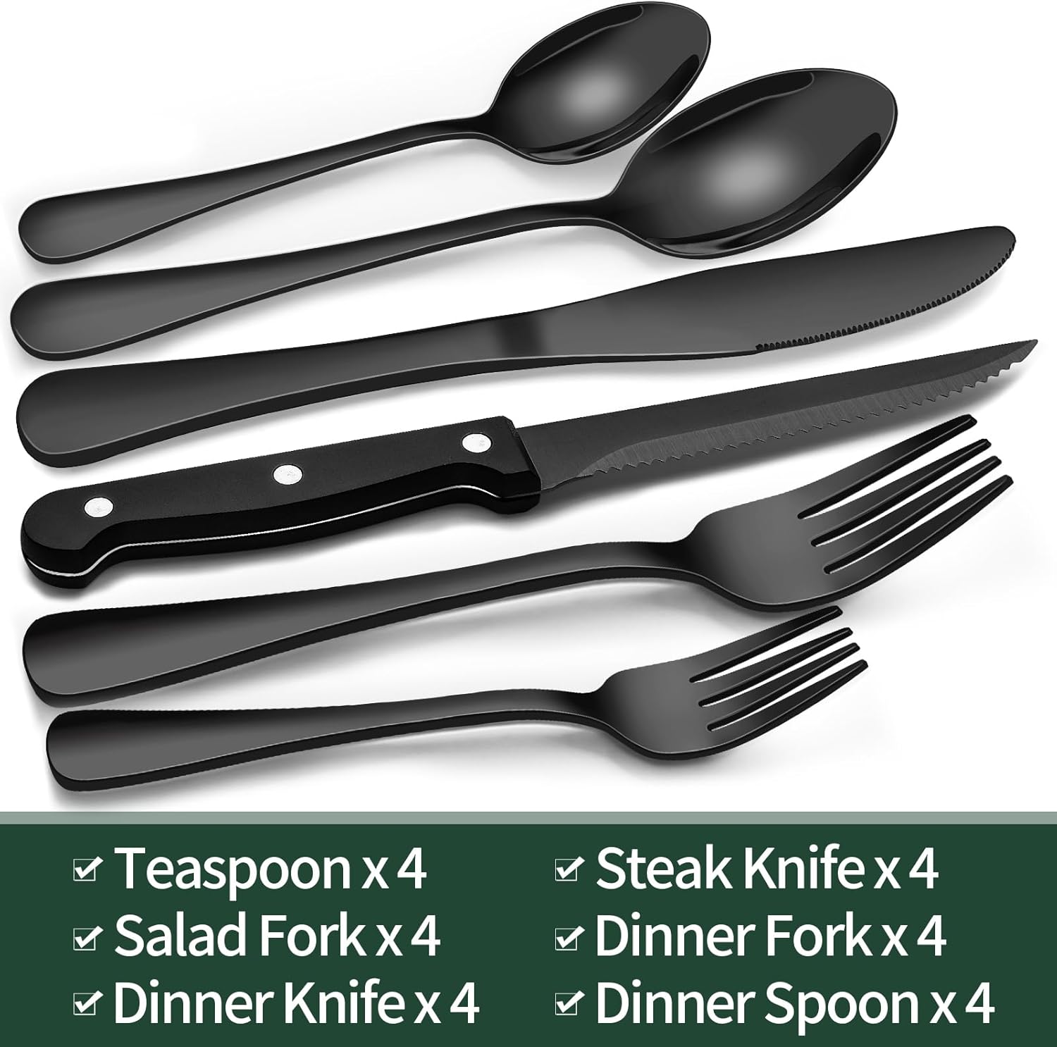 24-Piece Black Silverware Set with Steak Knives, Black Flatware Set for 4, Food-Grade Stainless Steel Tableware Cutlery Set, Mirror Finished Utensil Sets for Home Restaurant - Grand Goldman
